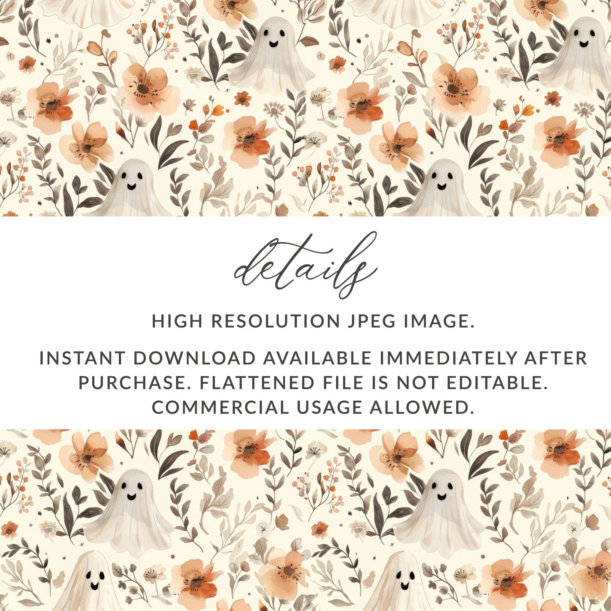 Ghost Floral Seamless Pattern Digital Paper, Spooky Cute Fall, Watercolor Texture Background, Halloween Paper Pack, Commercial Use - Moore and Mountain