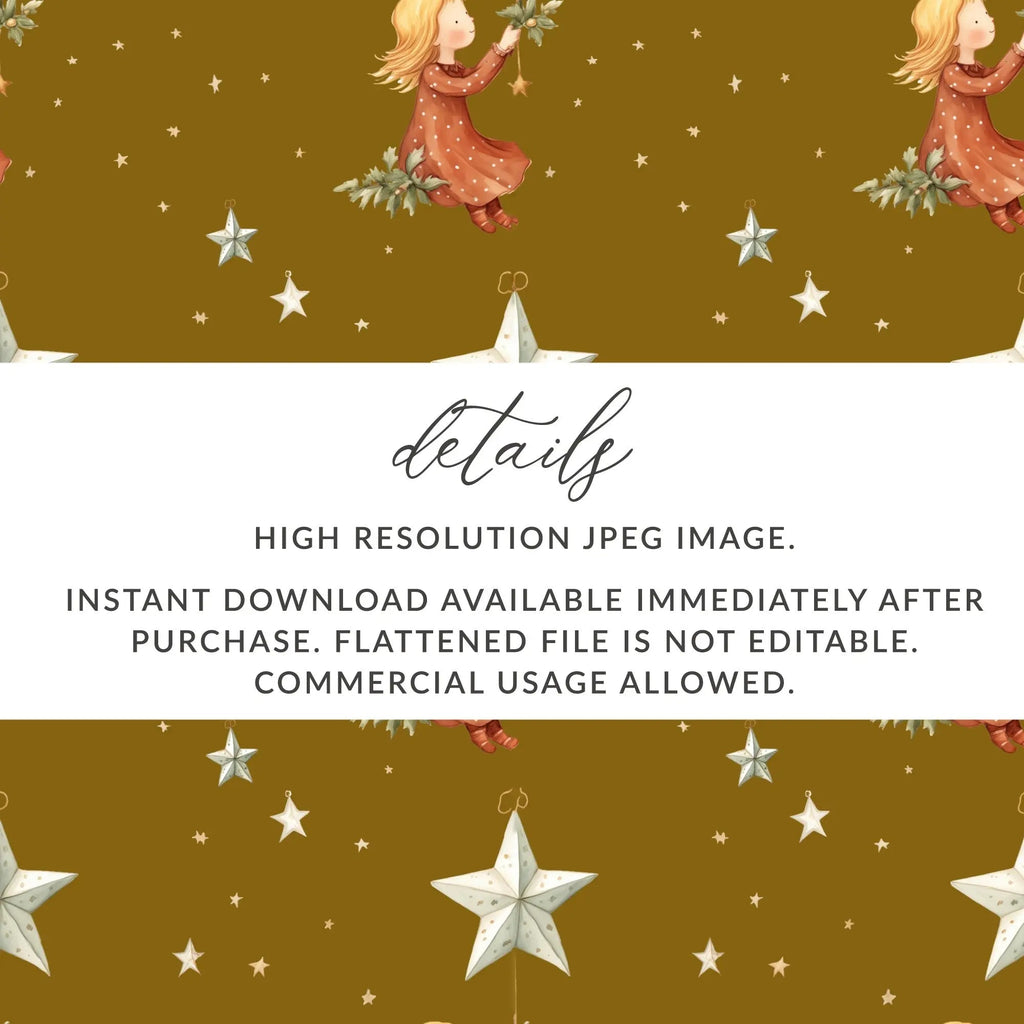 Girl with Stars Seamless Pattern Digital, Christmas Digital Paper, Holiday Design, Girl Illustration, Repeating Pattern for Fabric - Moore and Mountain