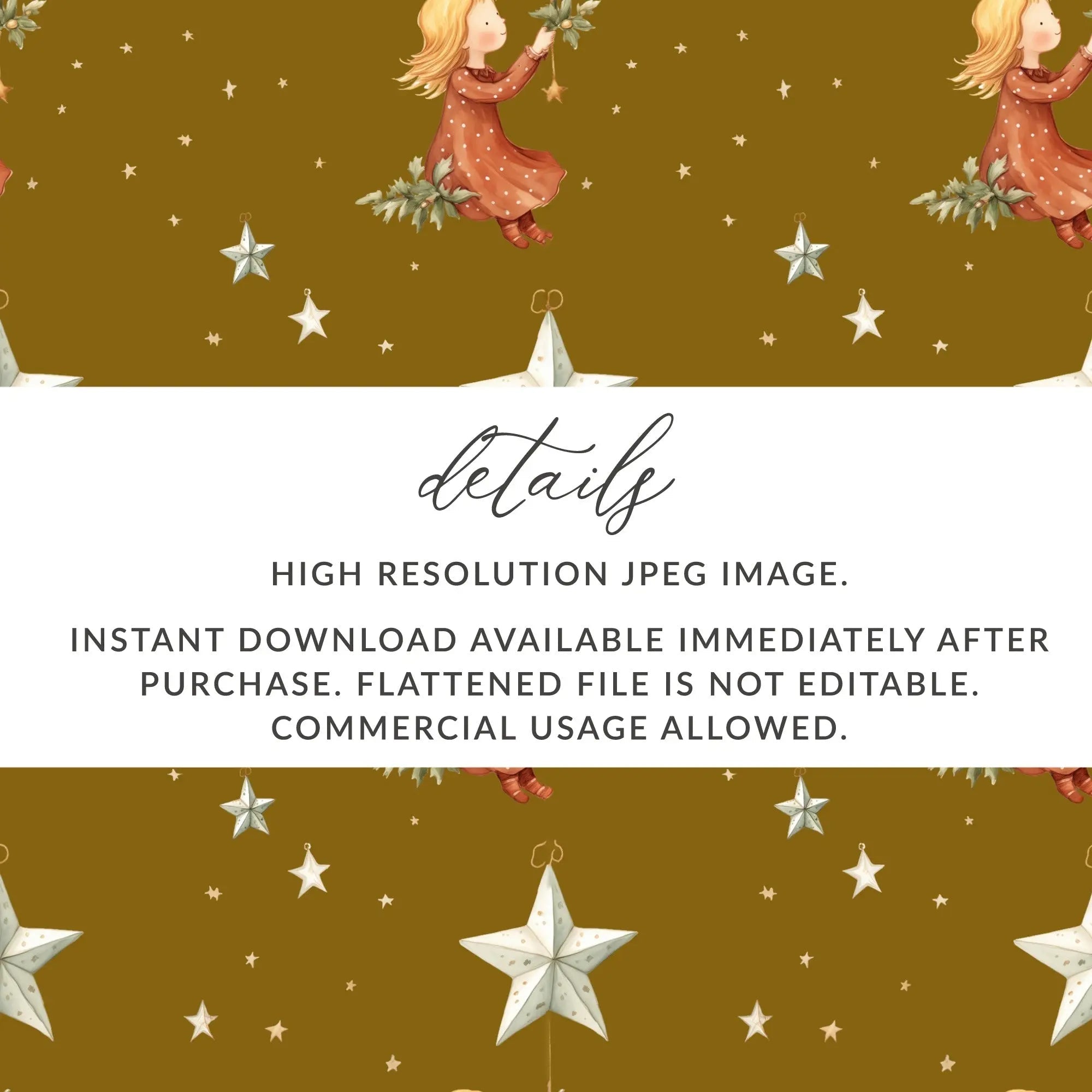 Girl with Stars Seamless Pattern Digital, Christmas Digital Paper, Holiday Design, Girl Illustration, Repeating Pattern for Fabric - Moore and Mountain