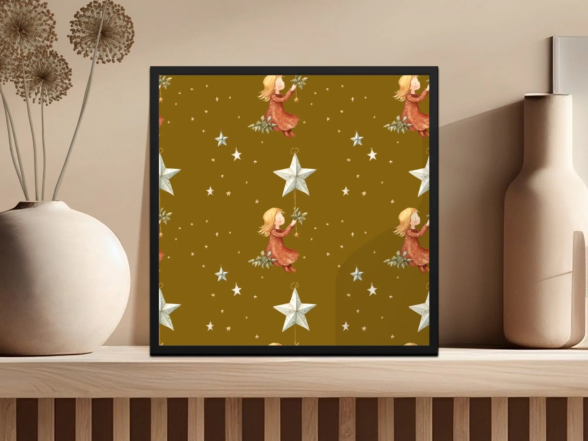 Girl with Stars Seamless Pattern Digital, Christmas Digital Paper, Holiday Design, Girl Illustration, Repeating Pattern for Fabric - Moore and Mountain