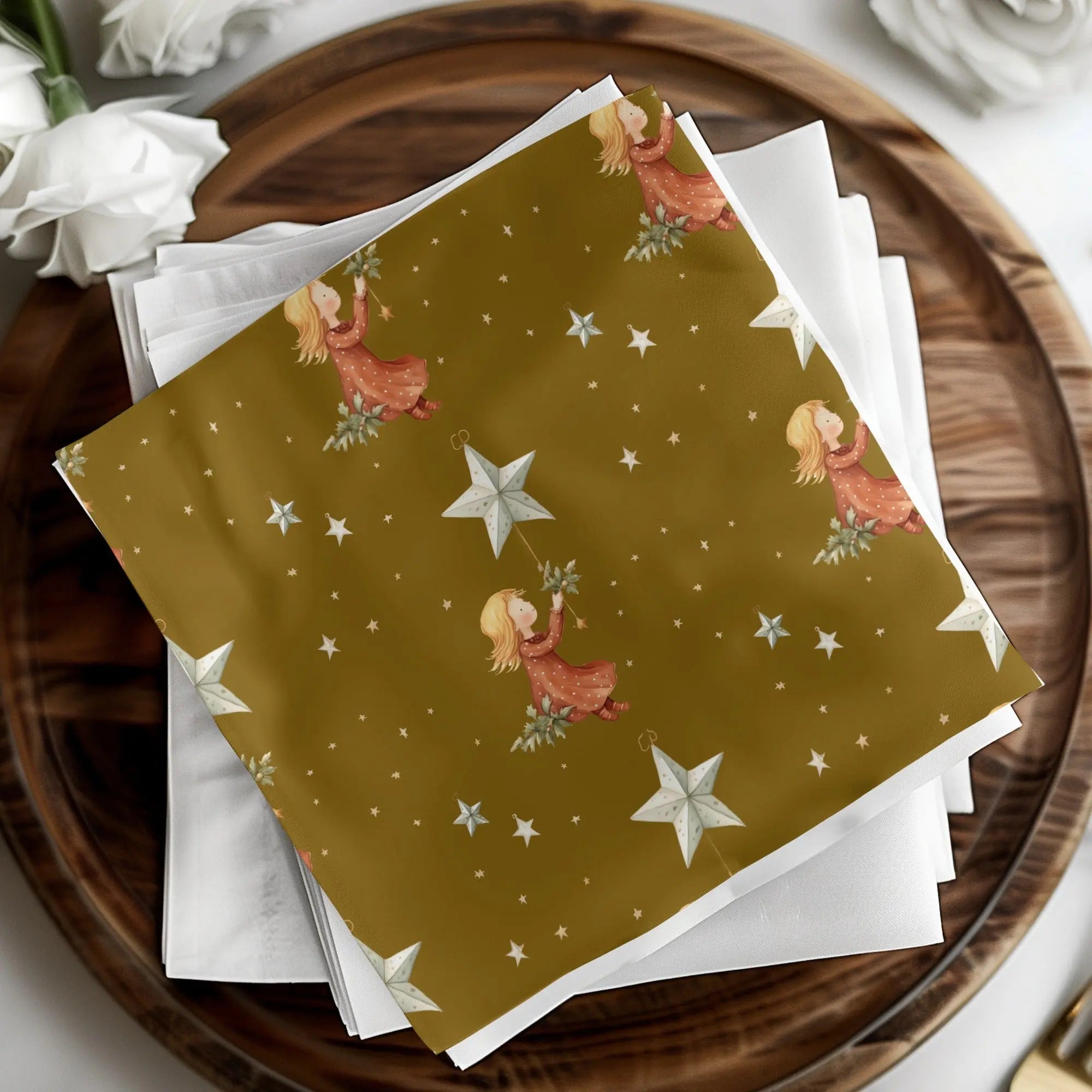 Girl with Stars Seamless Pattern Digital, Christmas Digital Paper, Holiday Design, Girl Illustration, Repeating Pattern for Fabric - Moore and Mountain