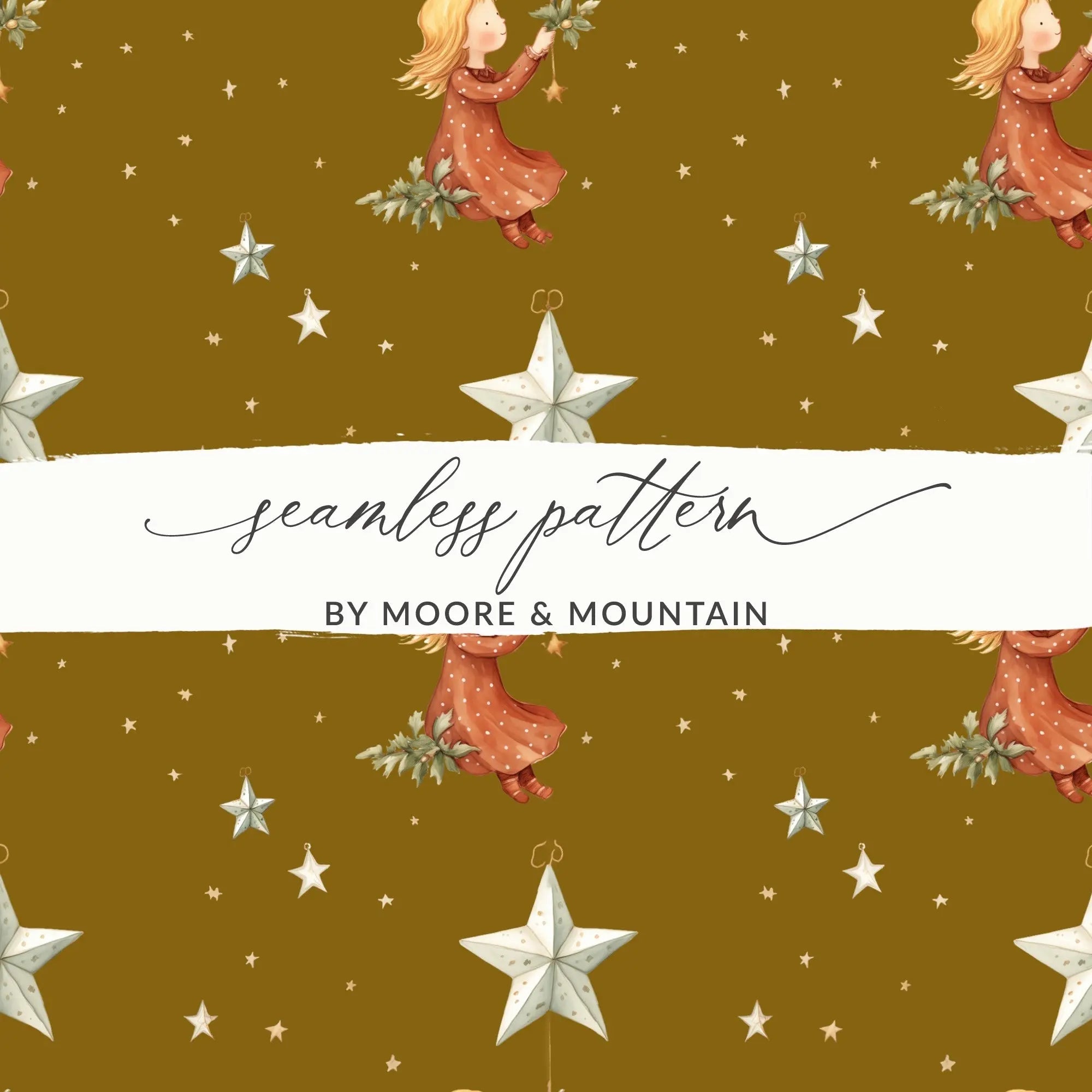 Girl with Stars Seamless Pattern Digital, Christmas Digital Paper, Holiday Design, Girl Illustration, Repeating Pattern for Fabric - Moore and Mountain