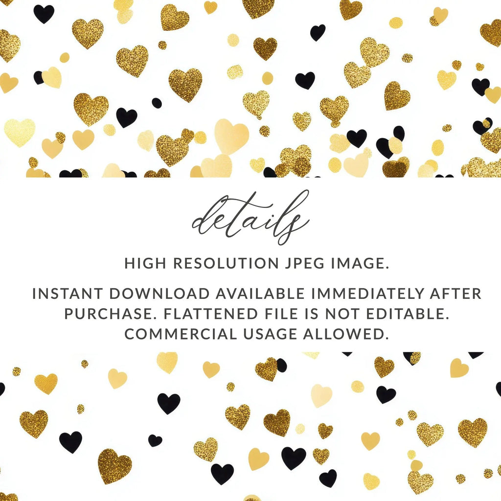 Gold Heart Digital Paper, Seamless Heart Pattern, Valentine's Day Background, Scrapbook Paper, Gold and Black Heart Digital Download - Moore and Mountain