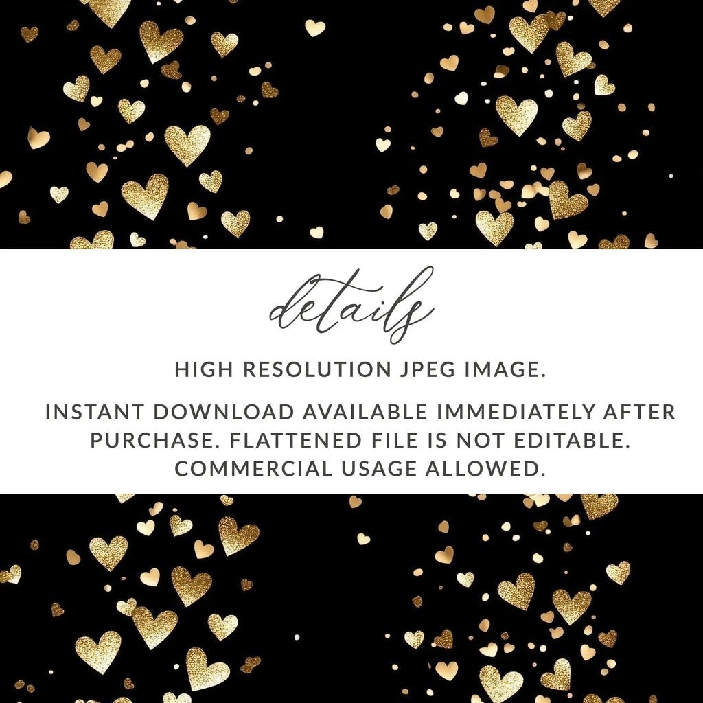 Gold Hearts Digital Paper, Seamless Valentine's Day Pattern, Black Background, Scrapbooking Paper, Fabric Design, Digital Download - Moore and Mountain