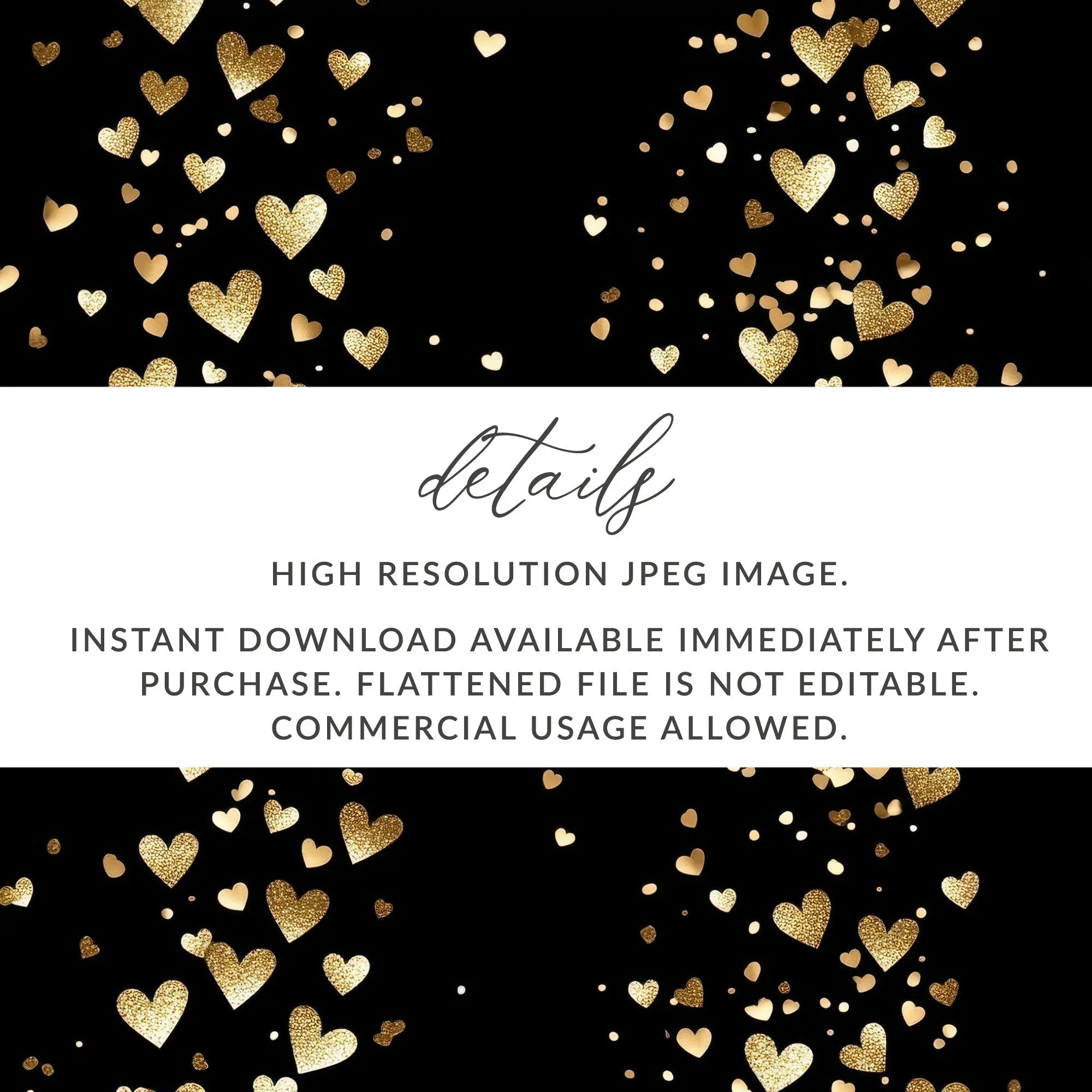 Gold Hearts Digital Paper, Seamless Valentine's Day Pattern, Black Background, Scrapbooking Paper, Fabric Design, Digital Download - Moore and Mountain