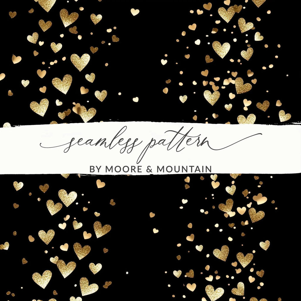 Gold Hearts Digital Paper, Seamless Valentine's Day Pattern, Black Background, Scrapbooking Paper, Fabric Design, Digital Download - Moore and Mountain