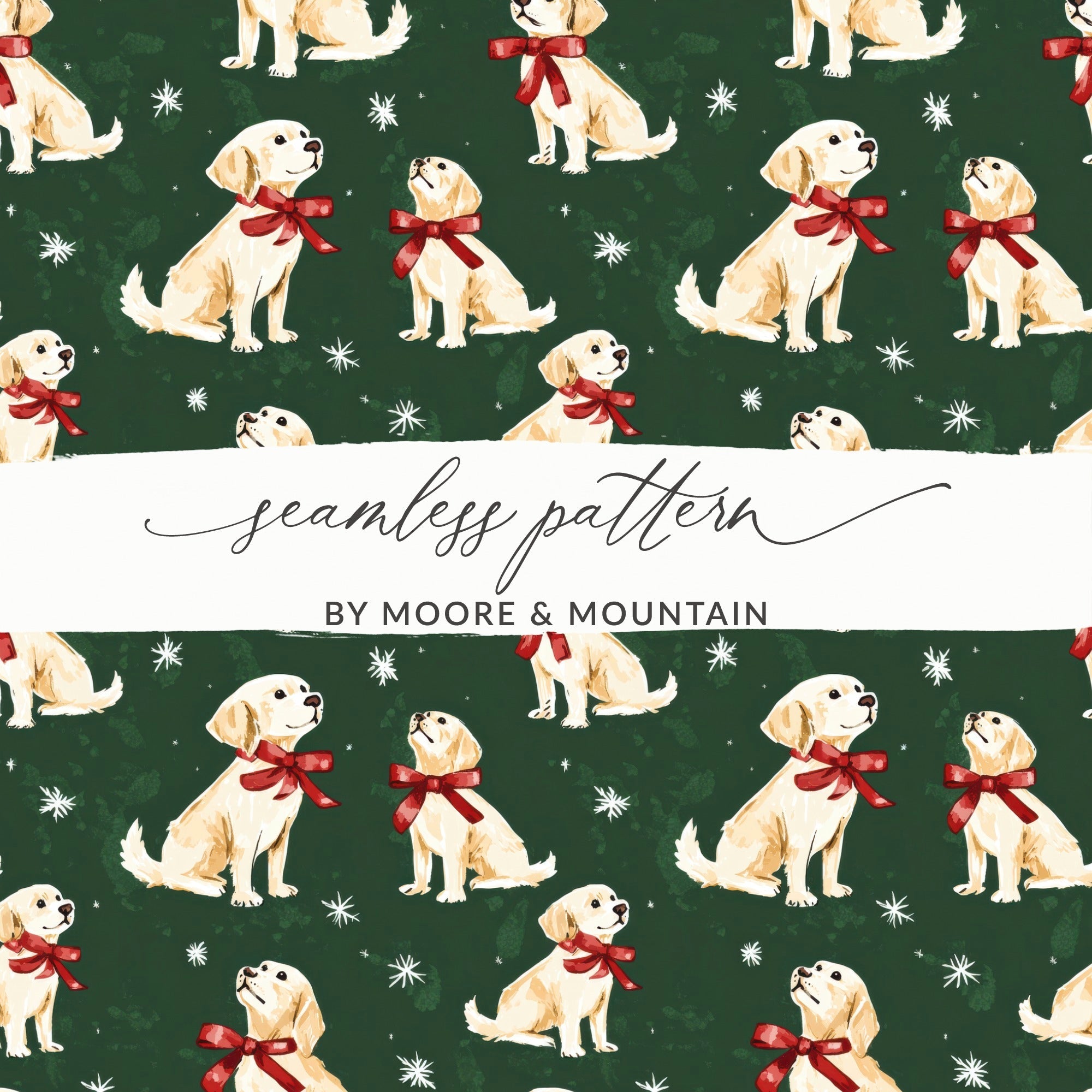 Golden Retrievers with Red Bows and Snowflakes Pattern Digital - Moore and Mountain
