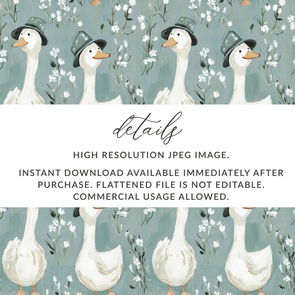 Goose Seamless Pattern Digital Download, Floral Duck Repeat, Kids Fabric Design, Nursery Decor, White Flower Pattern, JPEG Files - Moore and Mountain