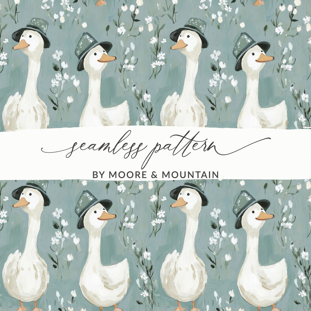 Goose Seamless Pattern Digital Download, Floral Duck Repeat, Kids Fabric Design, Nursery Decor, White Flower Pattern, JPEG Files - Moore and Mountain