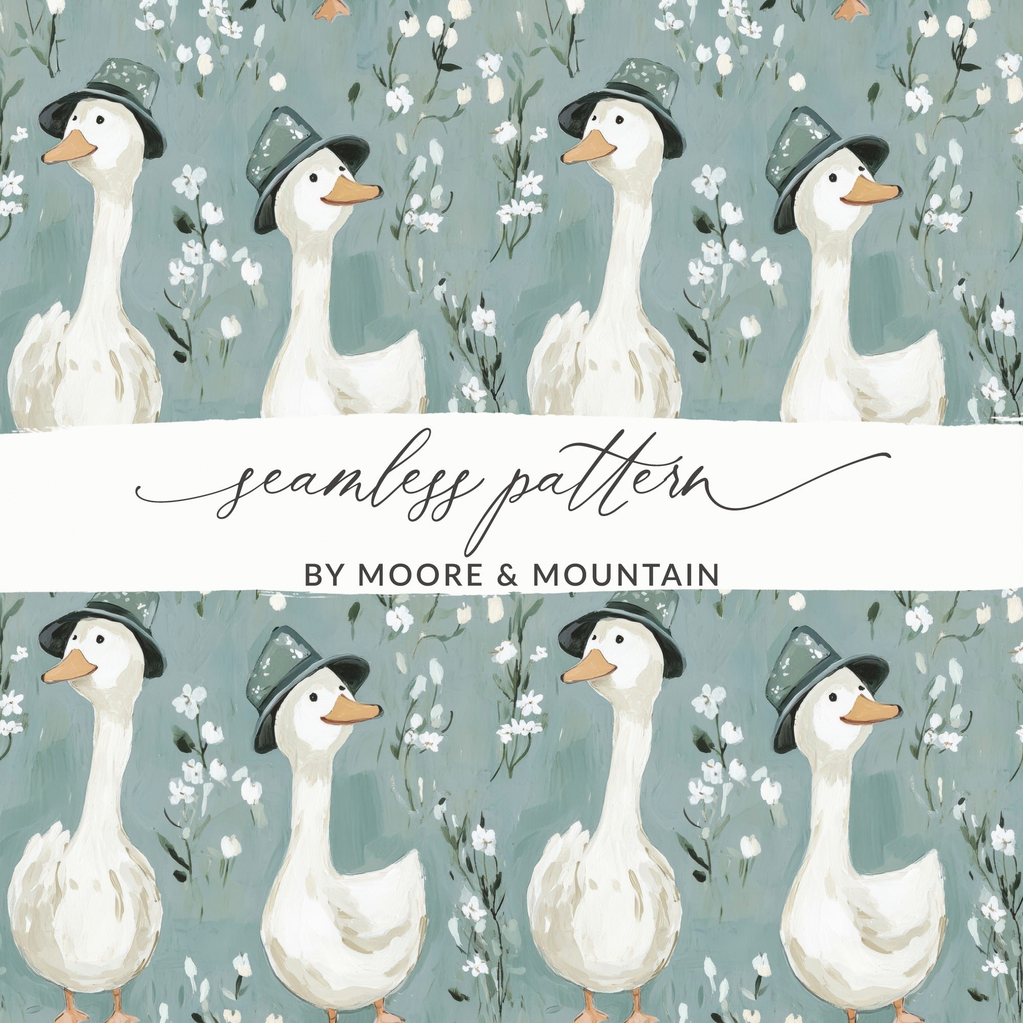 Goose Seamless Pattern Digital Download, Floral Duck Repeat, Kids Fabric Design, Nursery Decor, White Flower Pattern, JPEG Files - Moore and Mountain