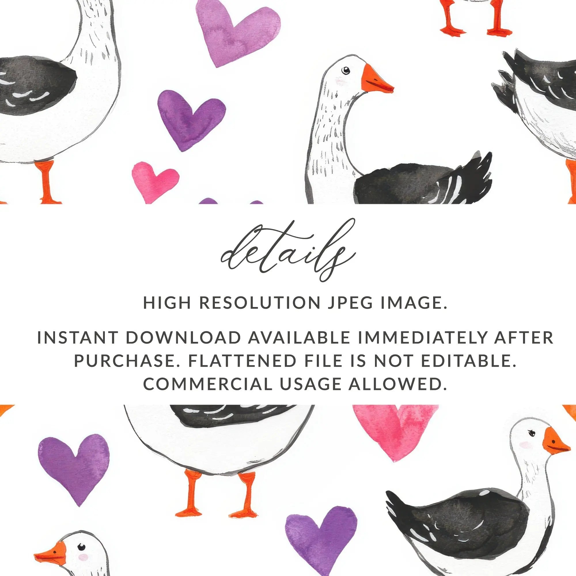 Goose and Hearts Seamless Pattern Digital, Valentines Day Digital Paper, Cute Animal Print, Printable Fabric Pattern, Digital File - Moore and Mountain