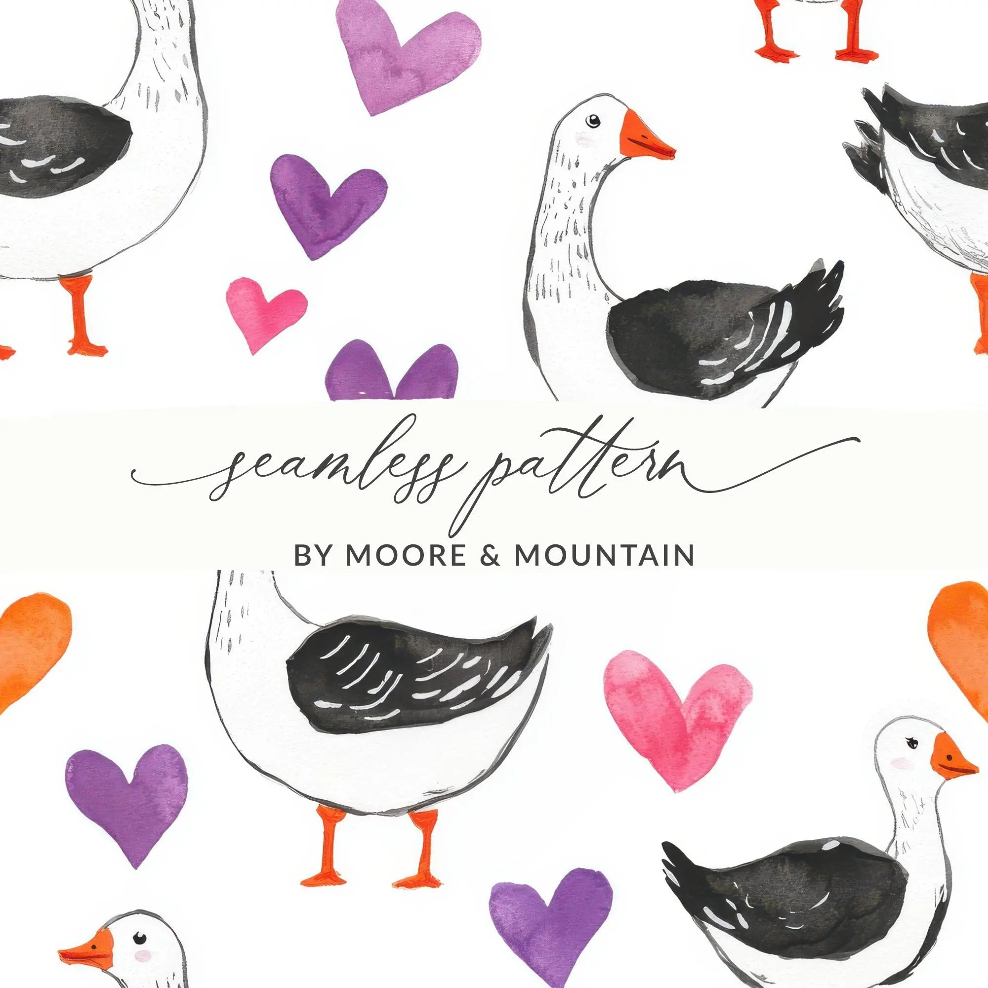 Goose and Hearts Seamless Pattern Digital, Valentines Day Digital Paper, Cute Animal Print, Printable Fabric Pattern, Digital File - Moore and Mountain