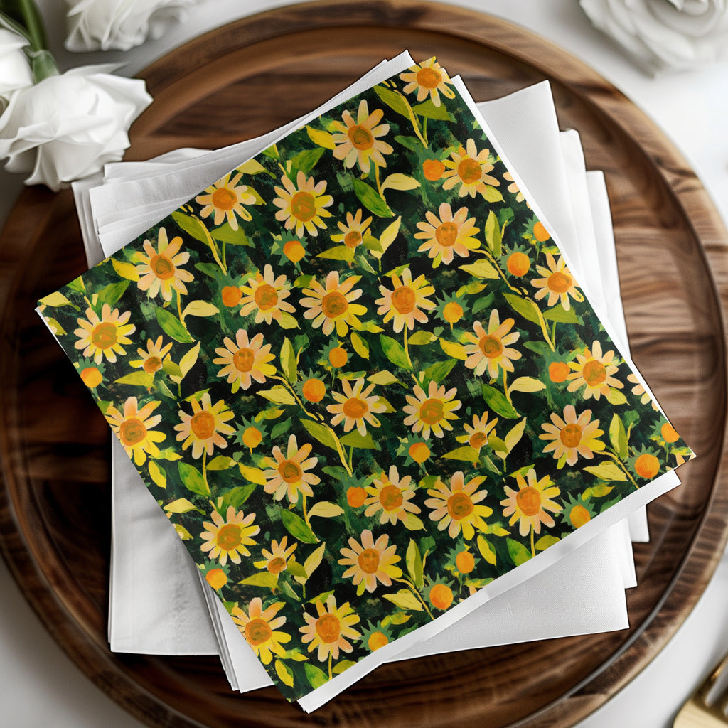Bright Yellow Daisies Pattern on Black Napkins Product