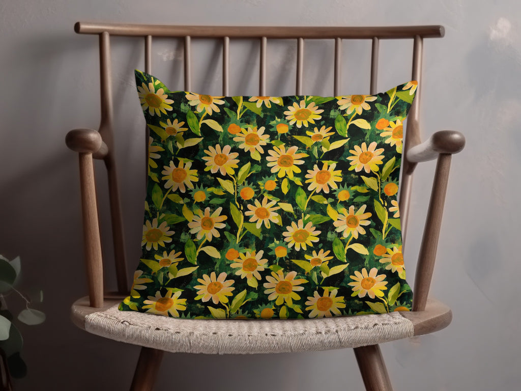 Vibrant Yellow Daisies on Black Background Pillow