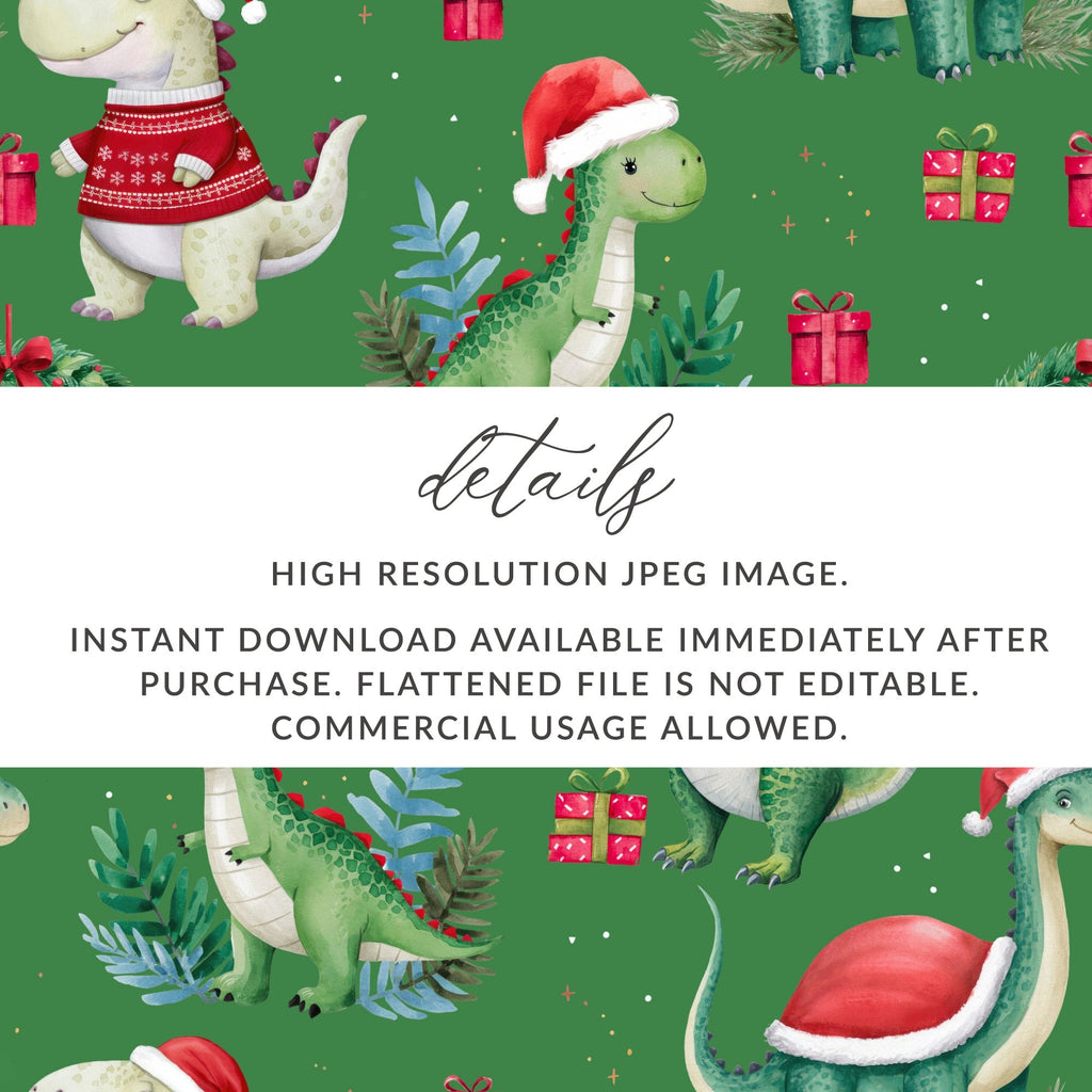 Green Christmas Dinosaur Digital Pattern, Winter Dino Art, Red Hat, Holiday Seamless Design, Festive Printable Paper, Kids Fabric Design - Moore and Mountain