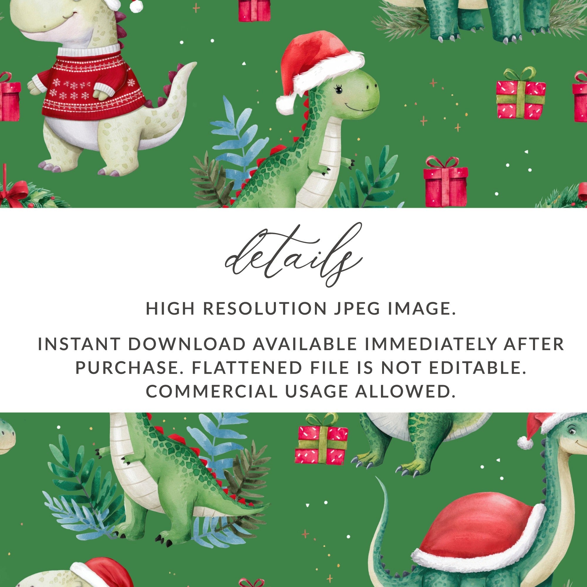 Green Christmas Dinosaur Digital Pattern, Winter Dino Art, Red Hat, Holiday Seamless Design, Festive Printable Paper, Kids Fabric Design - Moore and Mountain