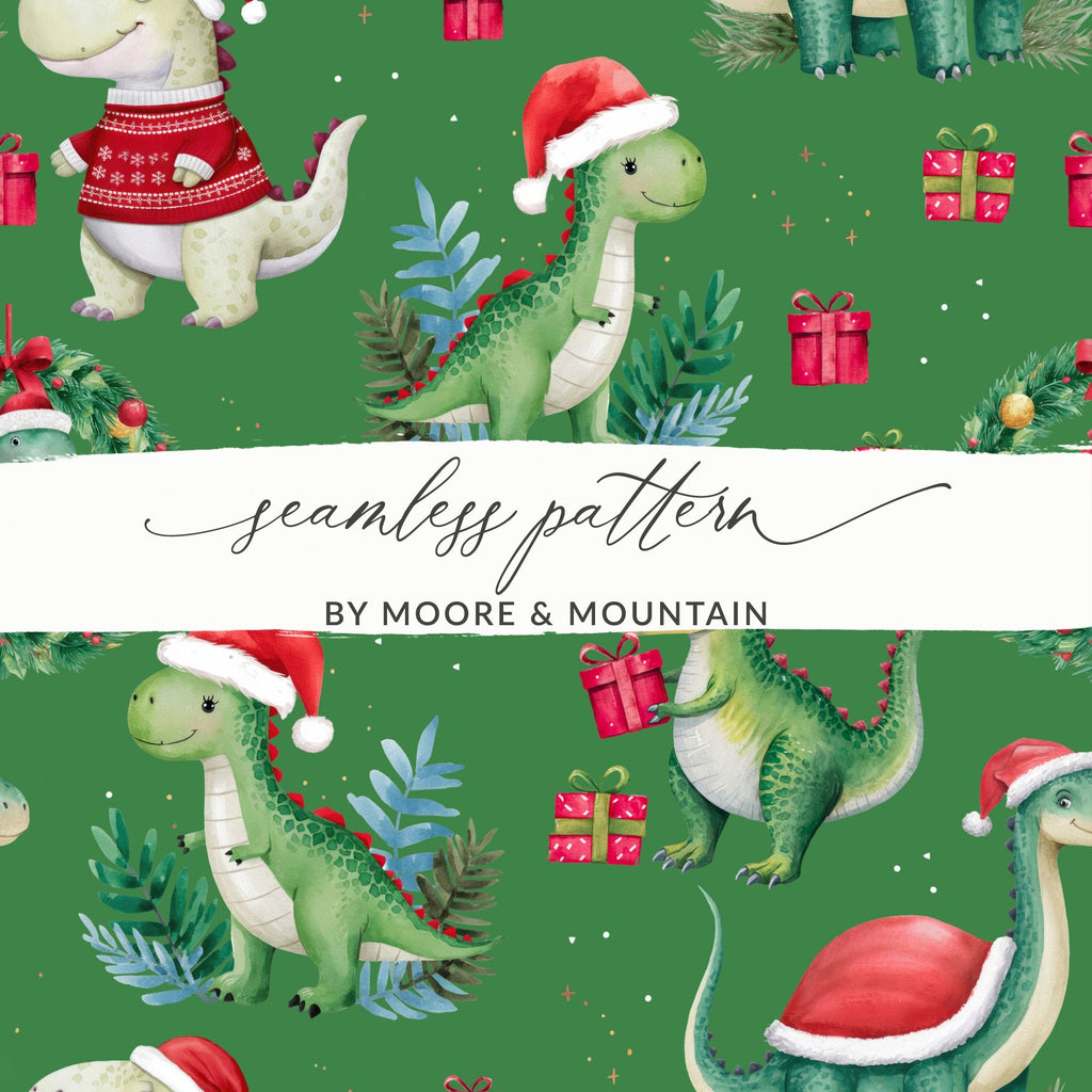 Green Christmas Dinosaur Digital Pattern, Winter Dino Art, Red Hat, Holiday Seamless Design, Festive Printable Paper, Kids Fabric Design - Moore and Mountain