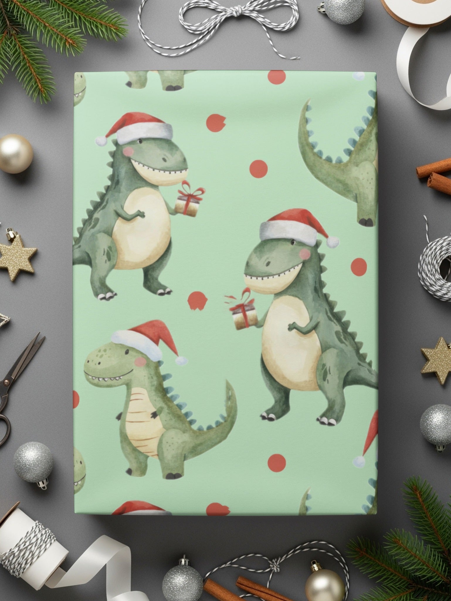 Green Dinosaurs With Red Santa Hat Pattern for Christmas Digital - Moore and Mountain
