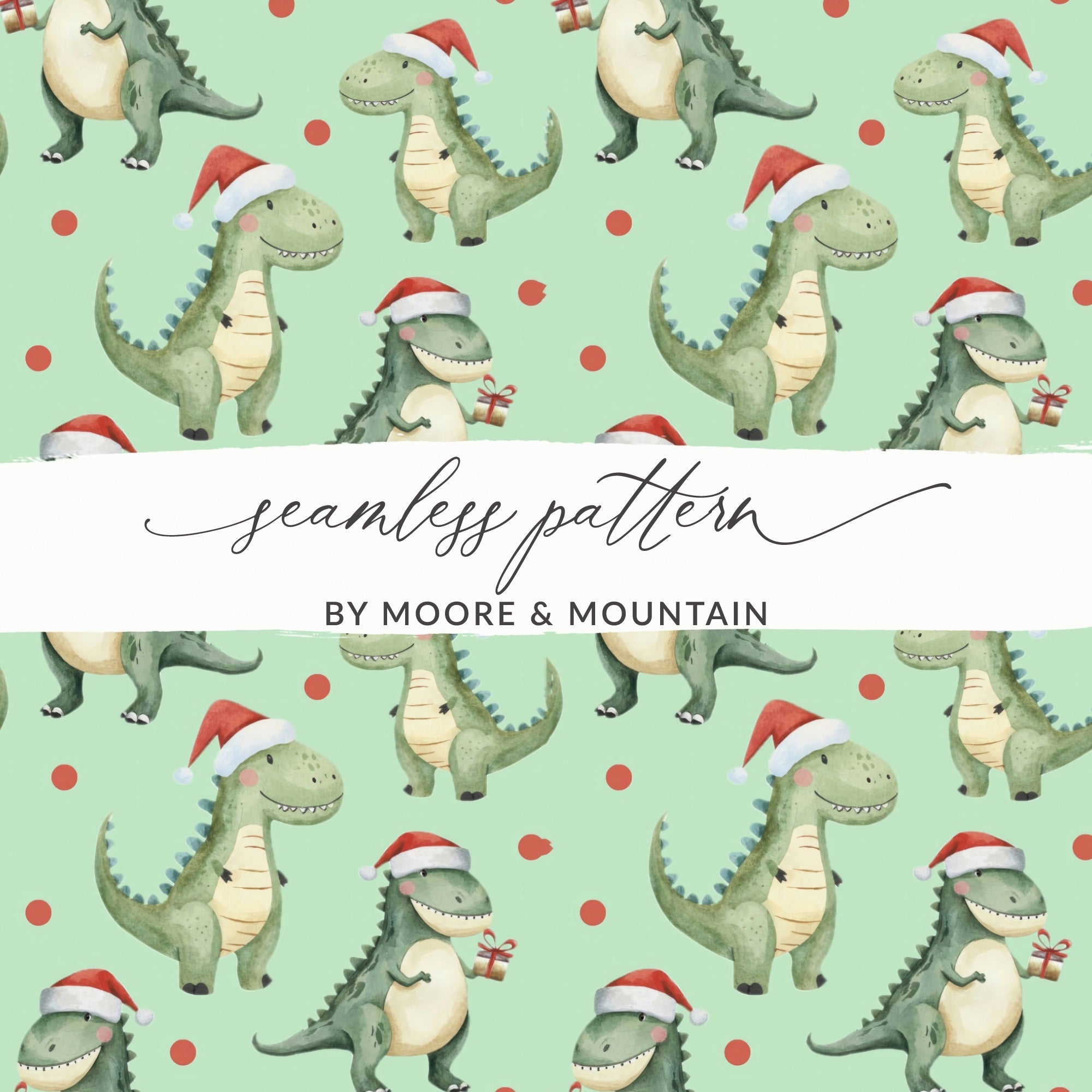 Green Dinosaurs With Red Santa Hat Pattern for Christmas Digital - Moore and Mountain
