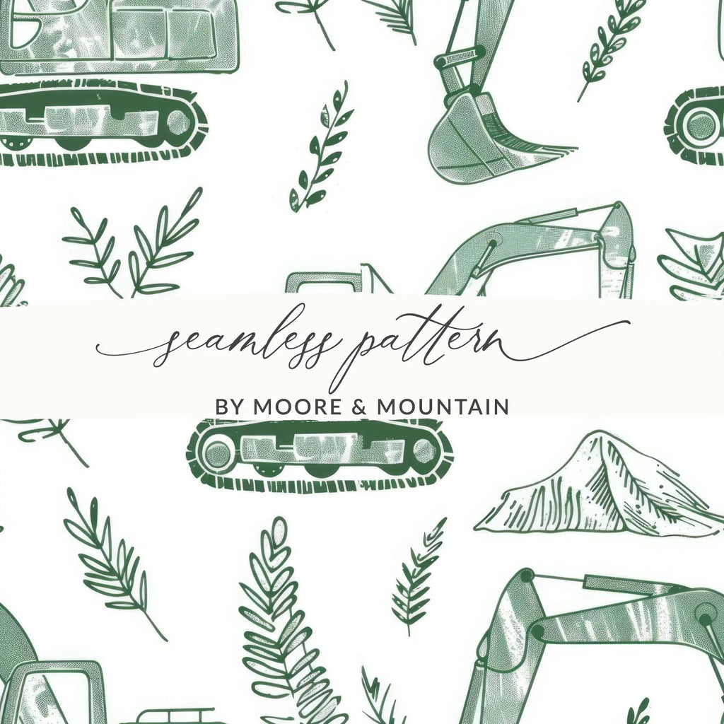 Green Excavator Digital Paper, Construction Vehicle Seamless Pattern, Kids Room Decor, Scrapbooking Paper, Digital Download - Moore and Mountain
