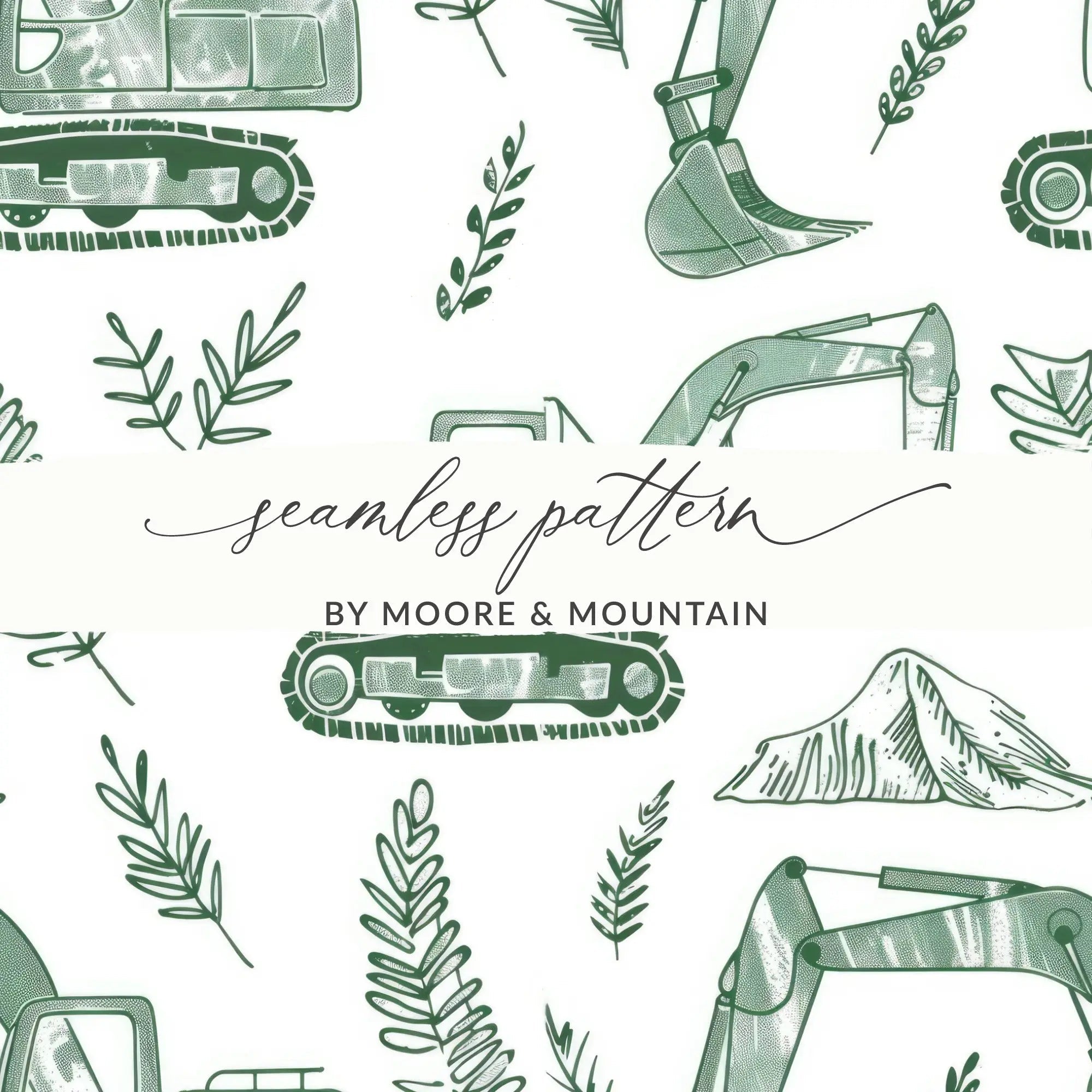 Green Excavator Digital Paper, Construction Vehicle Seamless Pattern, Kids Room Decor, Scrapbooking Paper, Digital Download - Moore and Mountain