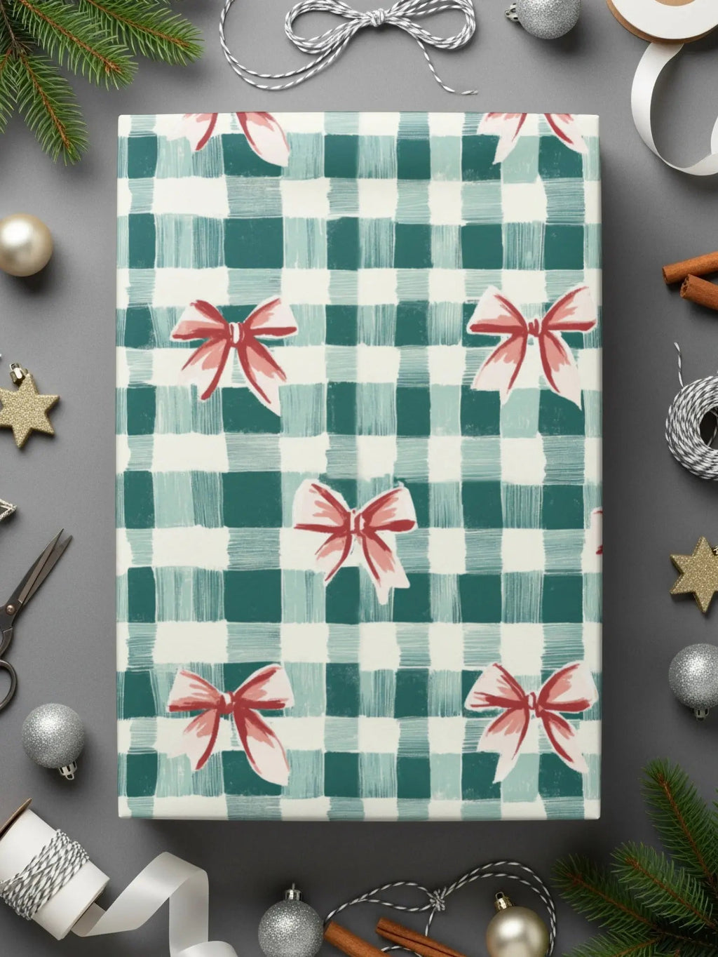 Green Gingham Bows Digital Paper, Seamless Pattern File, Festive Design, Scrapbooking Paper, Fabric Design, Digital Download - Moore and Mountain