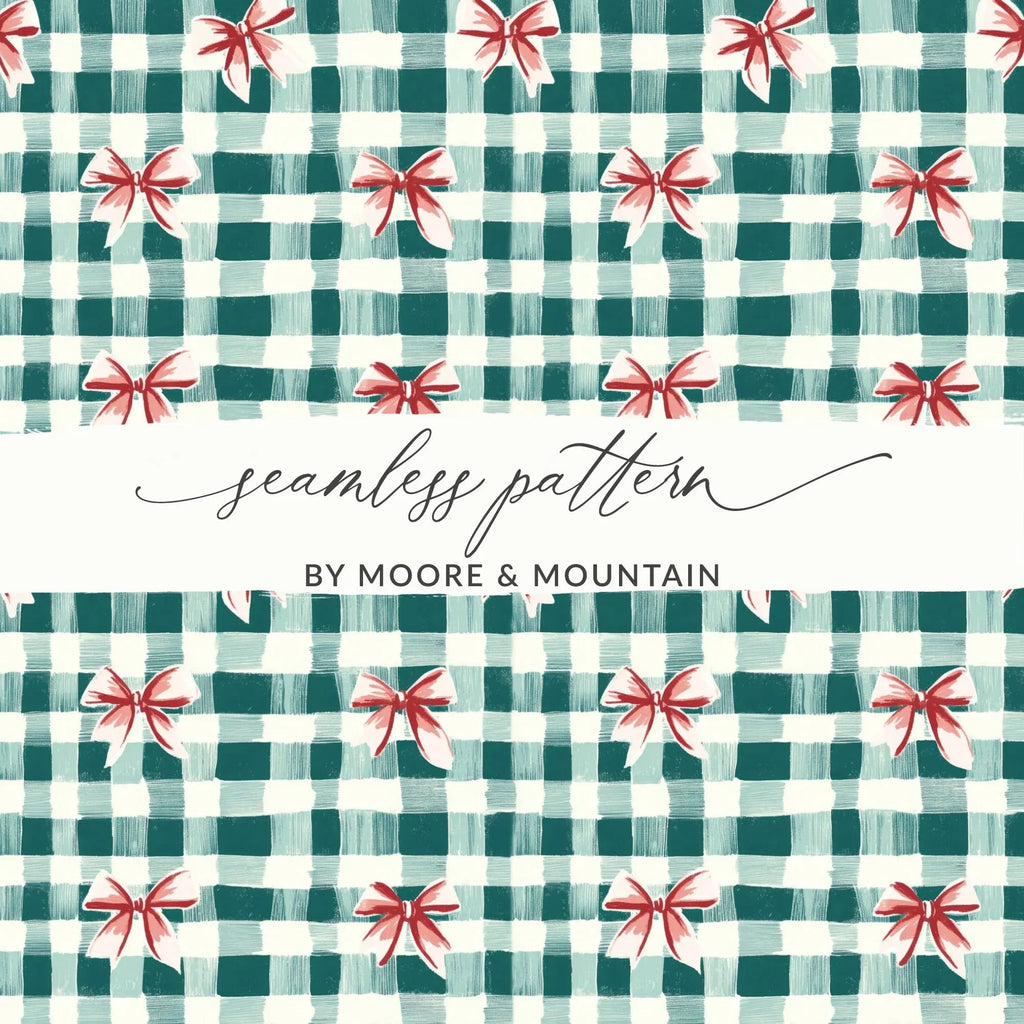 Green Gingham Bows Digital Paper, Seamless Pattern File, Festive Design, Scrapbooking Paper, Fabric Design, Digital Download - Moore and Mountain