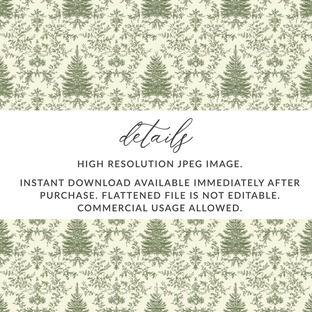 Green Toile Digital Paper, Christmas Tree Seamless Pattern, Printable Fabric Design, Scrapbook Paper, Commercial Use, Vintage Botanical - Moore and Mountain