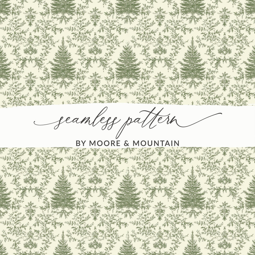 Green Toile Digital Paper, Christmas Tree Seamless Pattern, Printable Fabric Design, Scrapbook Paper, Commercial Use, Vintage Botanical - Moore and Mountain