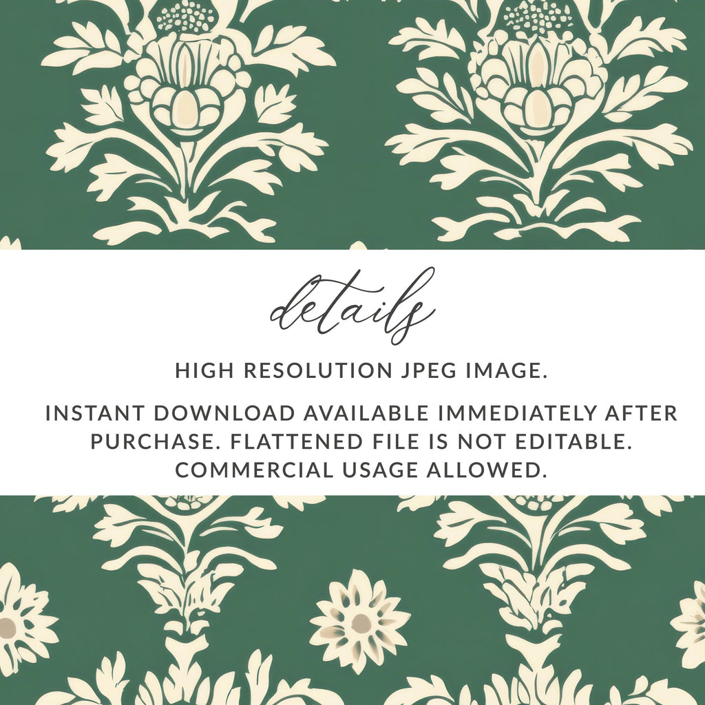 Green Vintage Art Deco Background with White Floral Kalamkari Design - Moore and Mountain