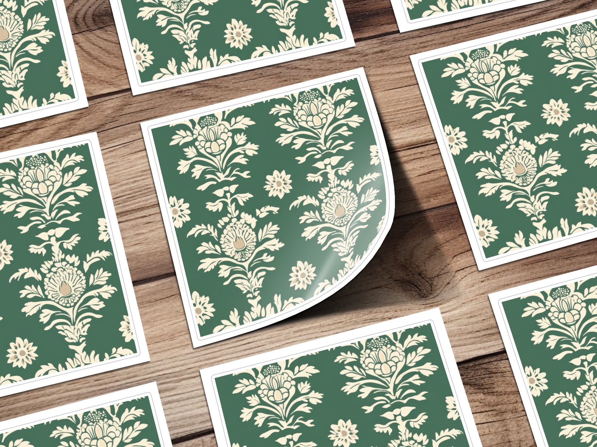 Green Vintage Art Deco Background with White Floral Kalamkari Design - Moore and Mountain