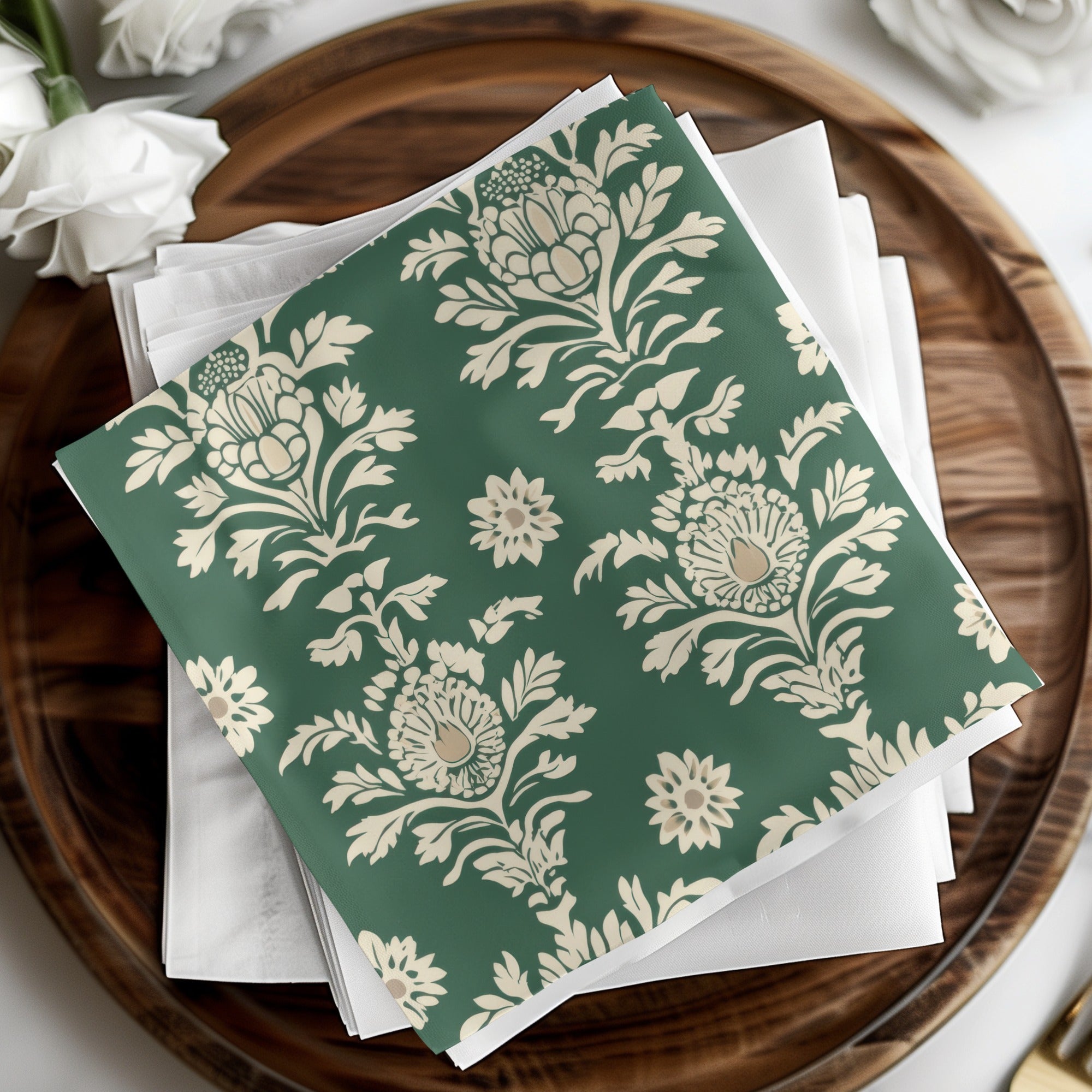 Green Vintage Art Deco Background with White Floral Kalamkari Design - Moore and Mountain