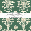 Green Vintage Art Deco Background with White Floral Kalamkari Design - Moore and Mountain