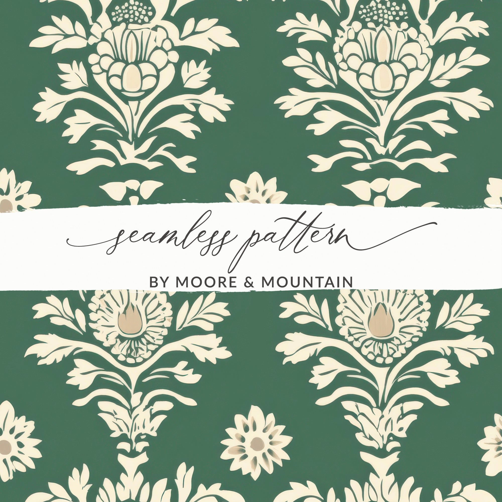 Green Vintage Art Deco Background with White Floral Kalamkari Design - Moore and Mountain