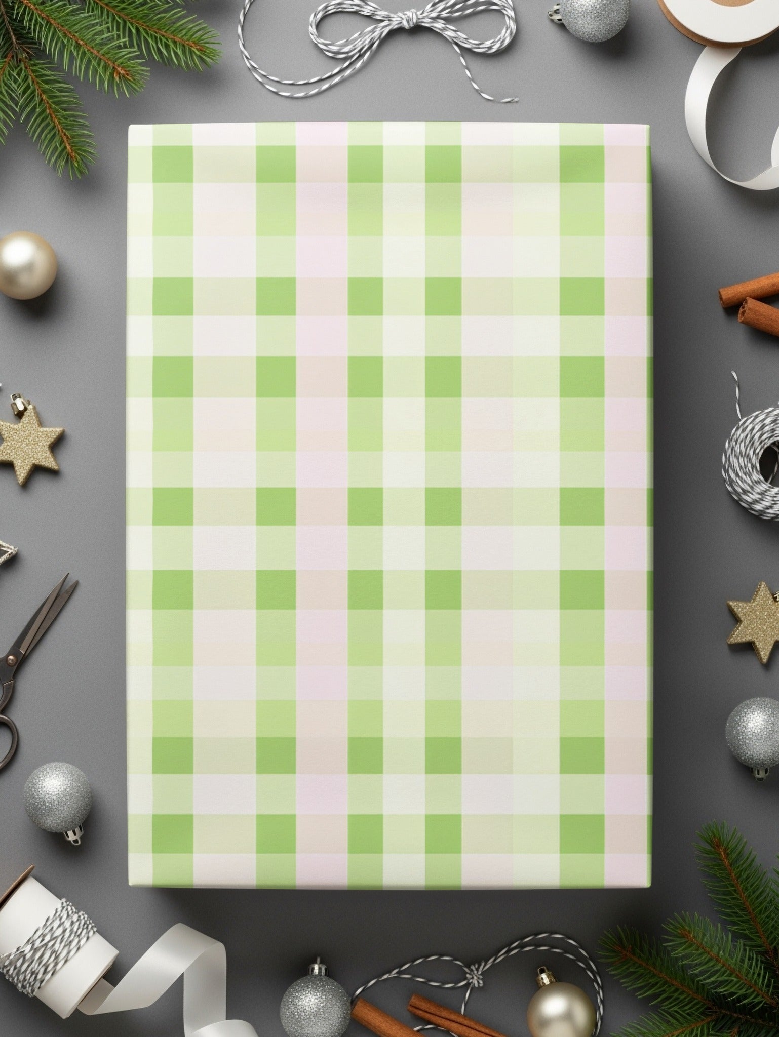 Green and White Plaid Checkered Design Wrapping Paper