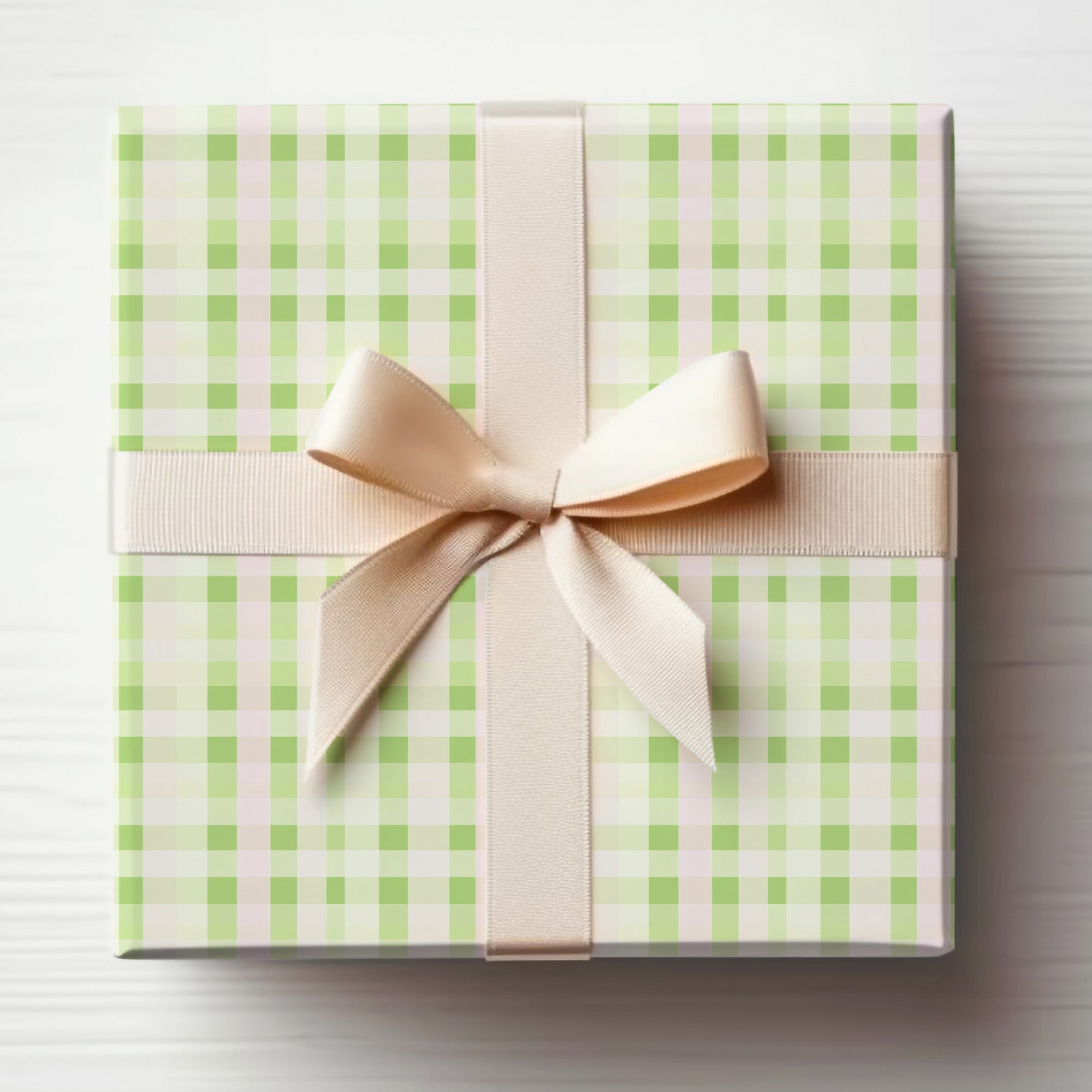 Elegant Green Checkered Gift Box with Beige Ribbon
