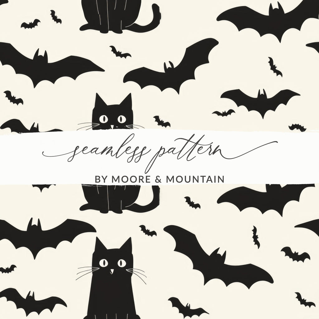 Halloween Cat Pattern Digital Paper, Spooky Bat Seamless Background, Black Cat Digital Pattern, Halloween Digital Pattern, Bat Repeat - Moore and Mountain
