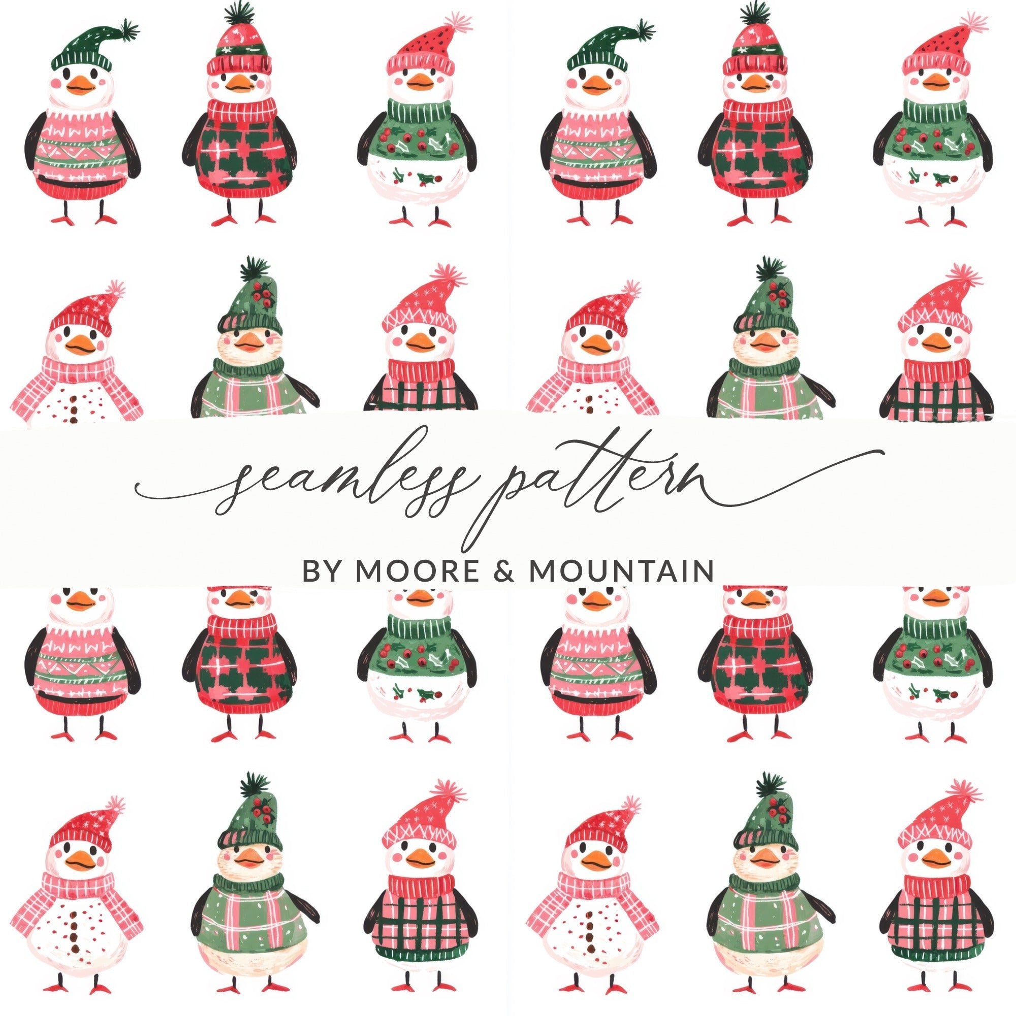 Hand Drawn Penguin Collection with Winter Accessories Digital - Moore and Mountain