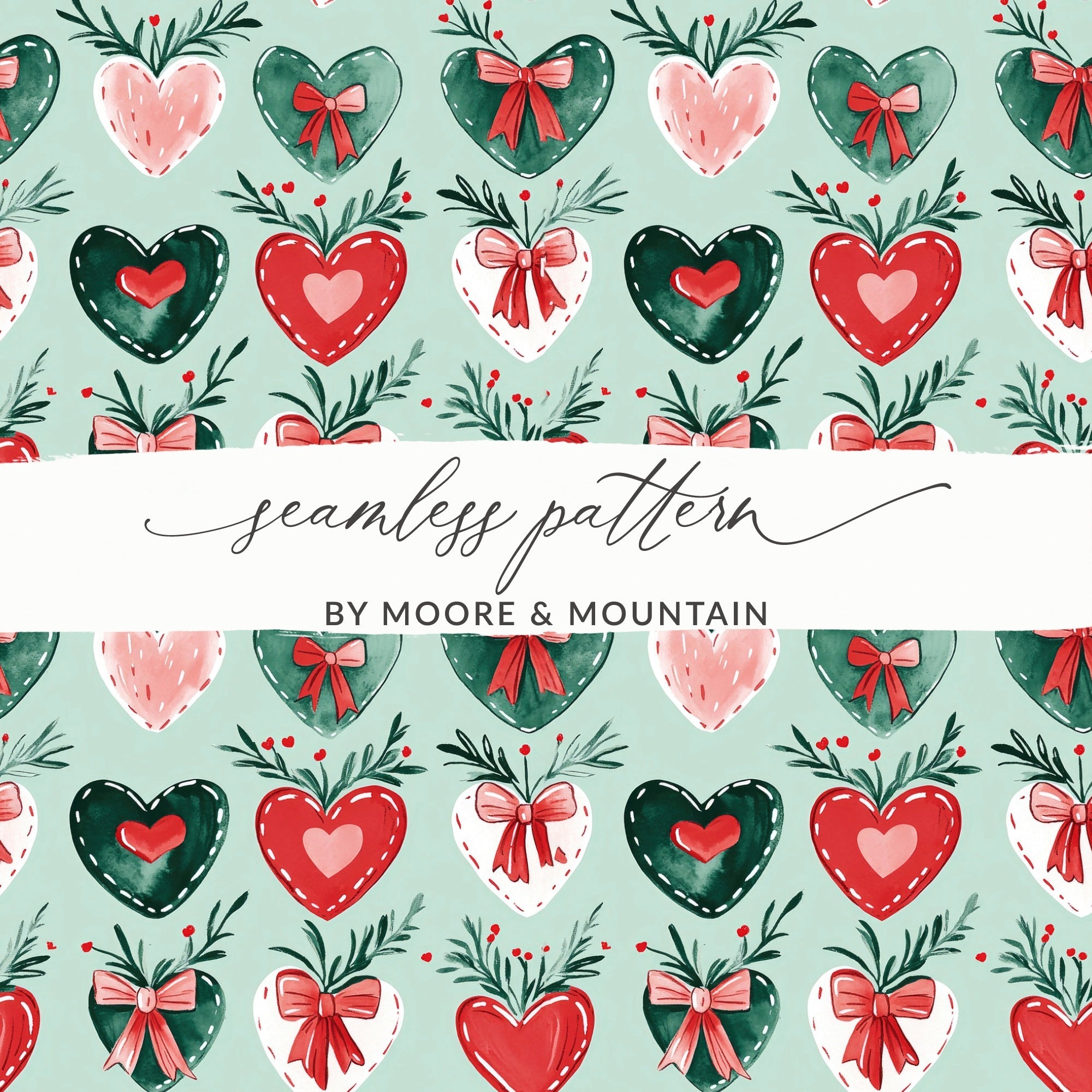 Heart Bow Seamless Pattern, Watercolor Hearts Digital Paper, Romantic Repeat Pattern, Valentine Fabric Design, Commercial Use Pattern - Moore and Mountain