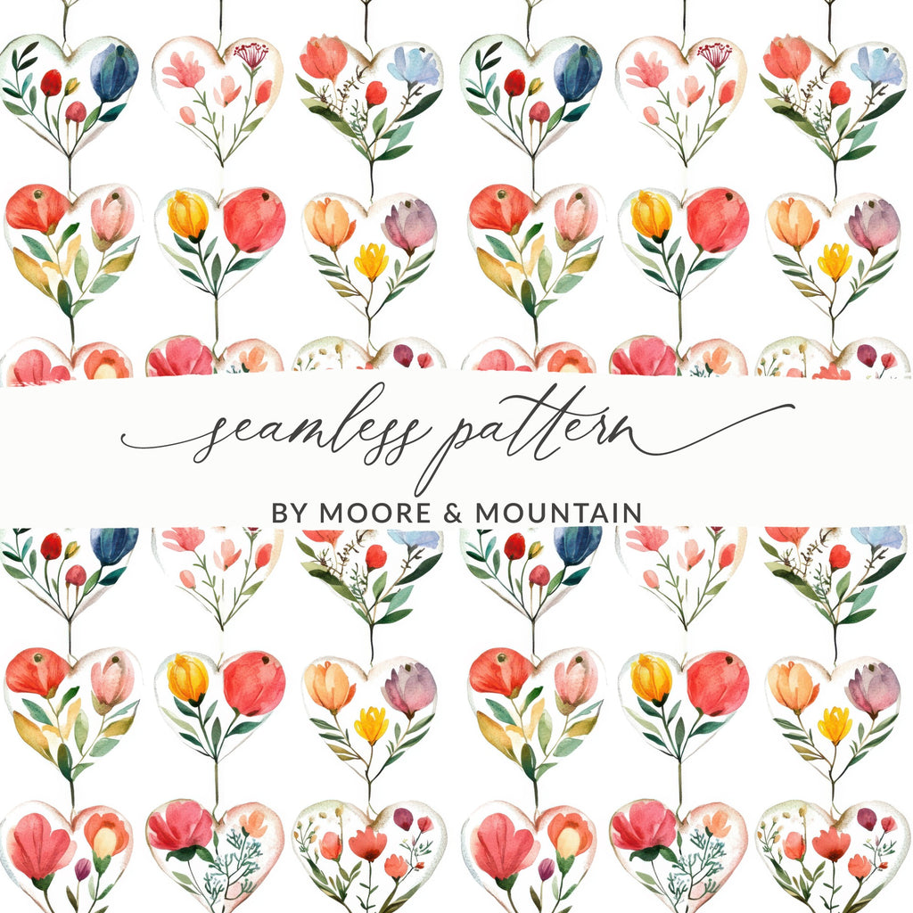 Heart Floral Digital Paper, Watercolor Flower Seamless Pattern, Romantic Design, Valentine's Day Background, Scrapbooking Paper - Moore and Mountain