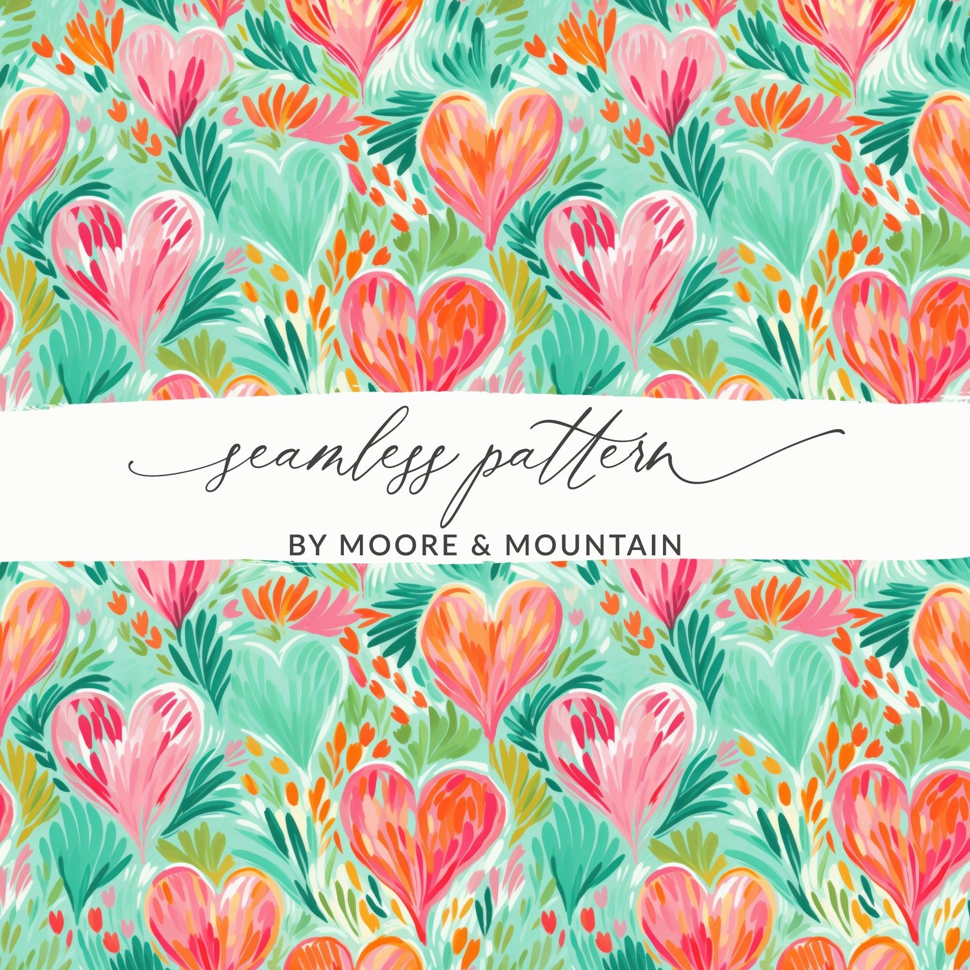 Heart Pattern Digital Paper, Colorful Floral Seamless Pattern, Abstract Heart Digital Product, Painterly Style, Valentine's Day Pattern - Moore and Mountain