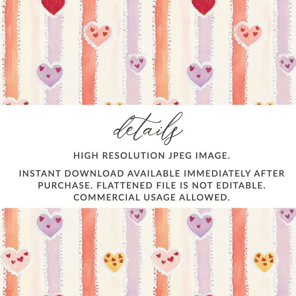 Heart Stripe Seamless Pattern Digital Paper, Valentine's Day Background, Cute Heart Digital Download, Hearts Surface Pattern Design - Moore and Mountain