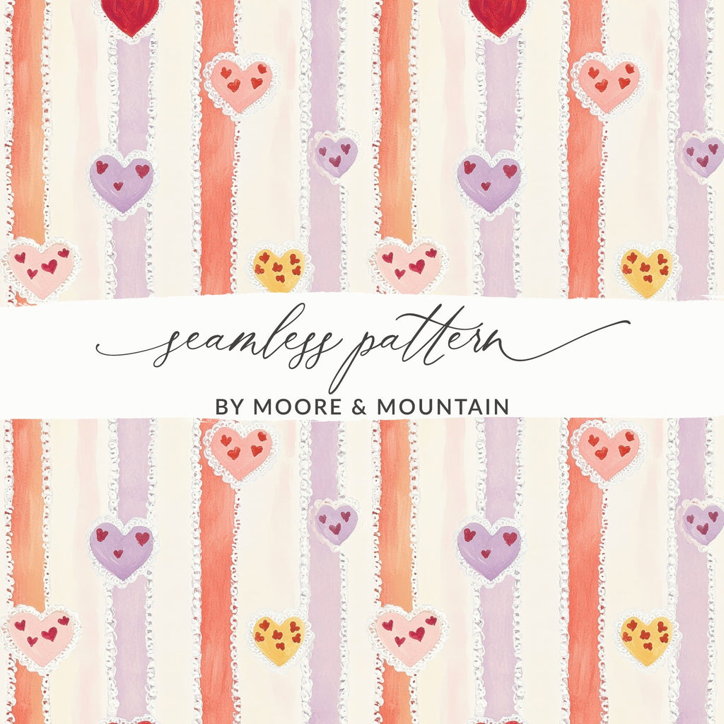 Heart Stripe Seamless Pattern Digital Paper, Valentine's Day Background, Cute Heart Digital Download, Hearts Surface Pattern Design - Moore and Mountain