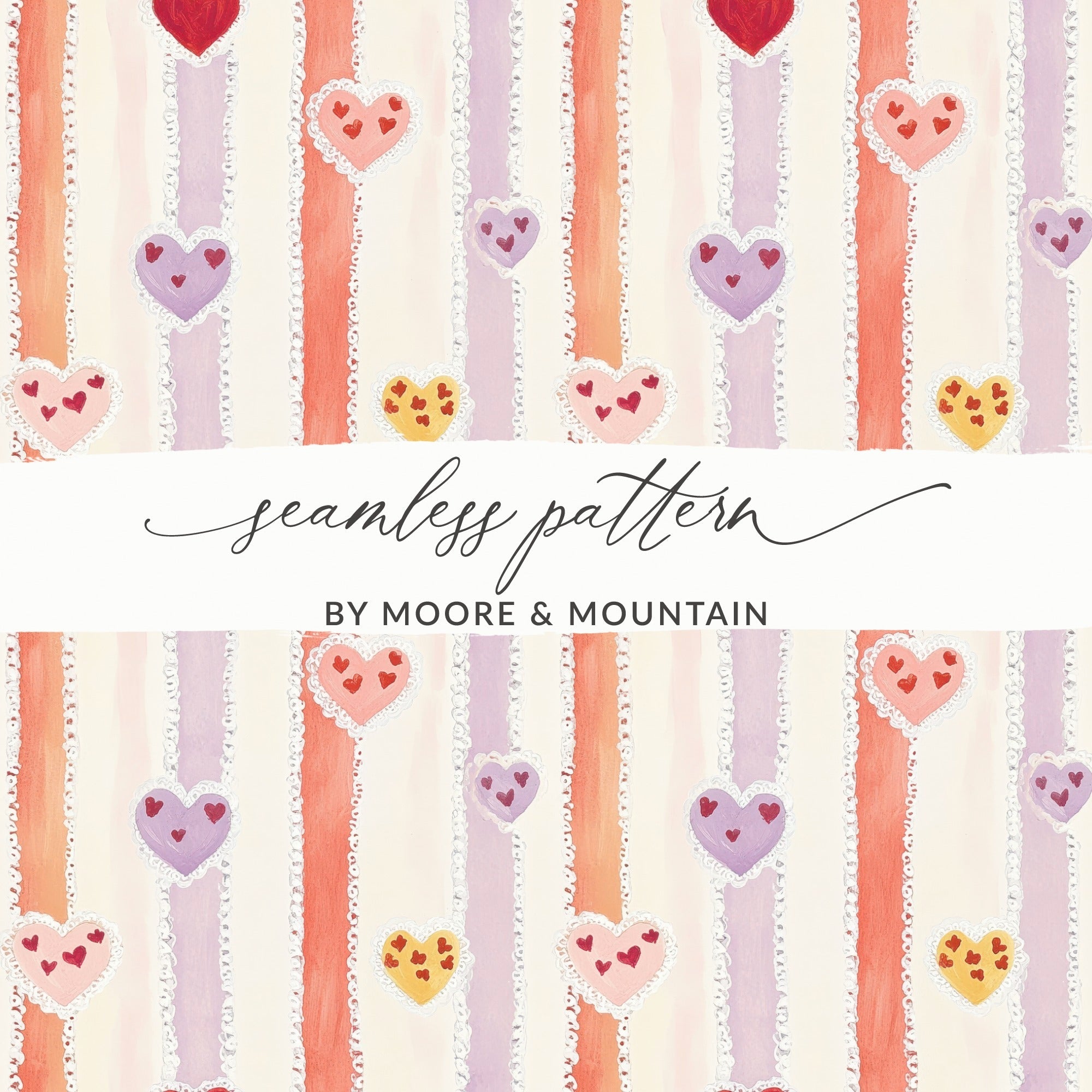 Heart Stripe Seamless Pattern Digital Paper, Valentine's Day Background, Cute Heart Digital Download, Hearts Surface Pattern Design - Moore and Mountain