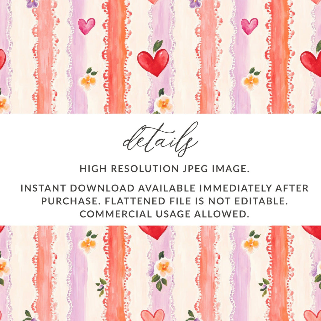 Heart and Floral Stripe Digital Paper, Seamless Pattern Digital, Valentine's Day Digital Paper, Scrapbook Paper, Digital Download - Moore and Mountain