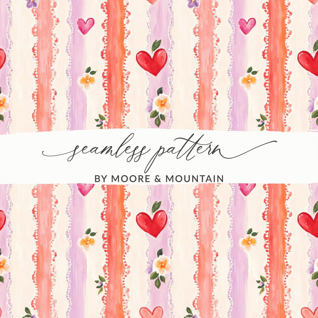 Heart and Floral Stripe Digital Paper, Seamless Pattern Digital, Valentine's Day Digital Paper, Scrapbook Paper, Digital Download - Moore and Mountain