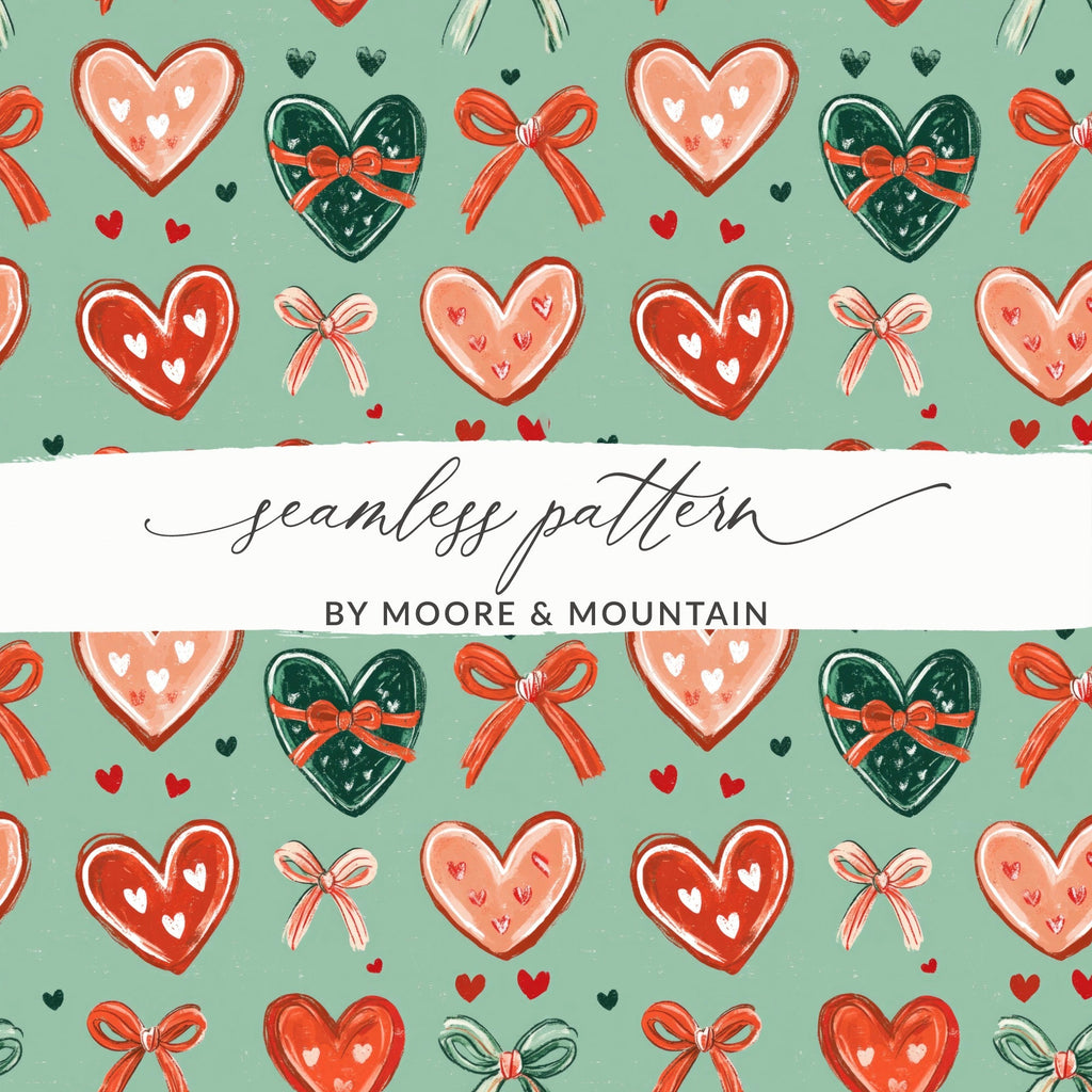 Hearts and Bows Digital Seamless Pattern, Valentine's Day Fabric Design, Cute Repeat Pattern for Commercial Use, Digital Paper Pack - Moore and Mountain