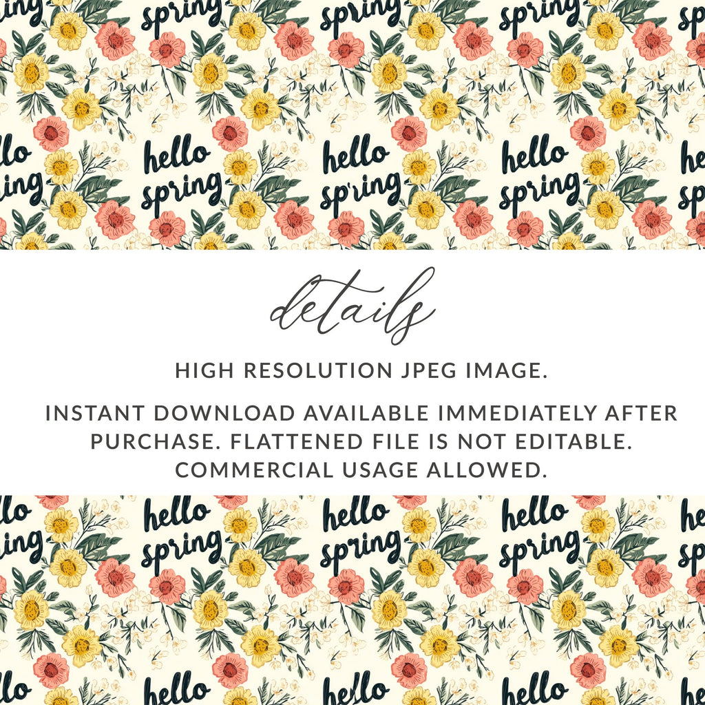 Hello Spring Floral Pattern Digital Paper, Seamless Flower Pattern, Springtime Design, Fabric Design, Digital Download - Moore and Mountain