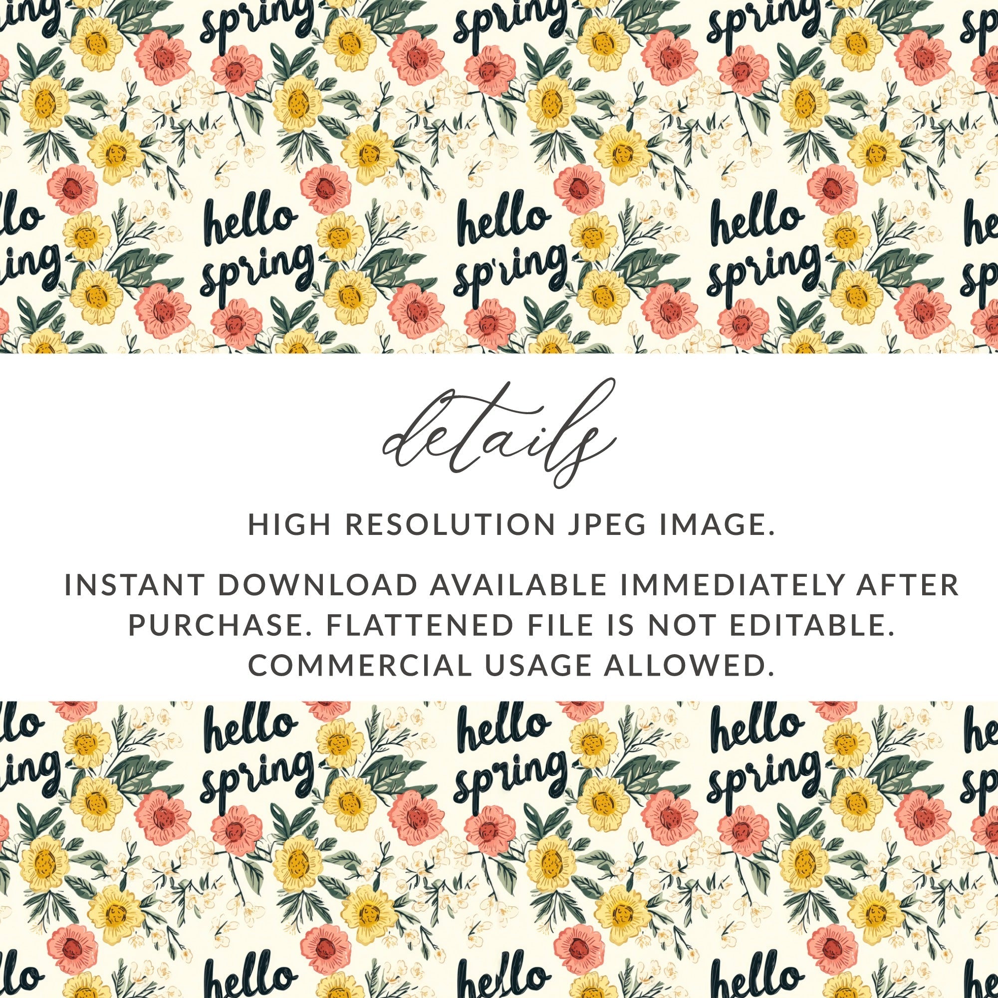 Hello Spring Floral Pattern Digital Paper, Seamless Flower Pattern, Springtime Design, Fabric Design, Digital Download - Moore and Mountain