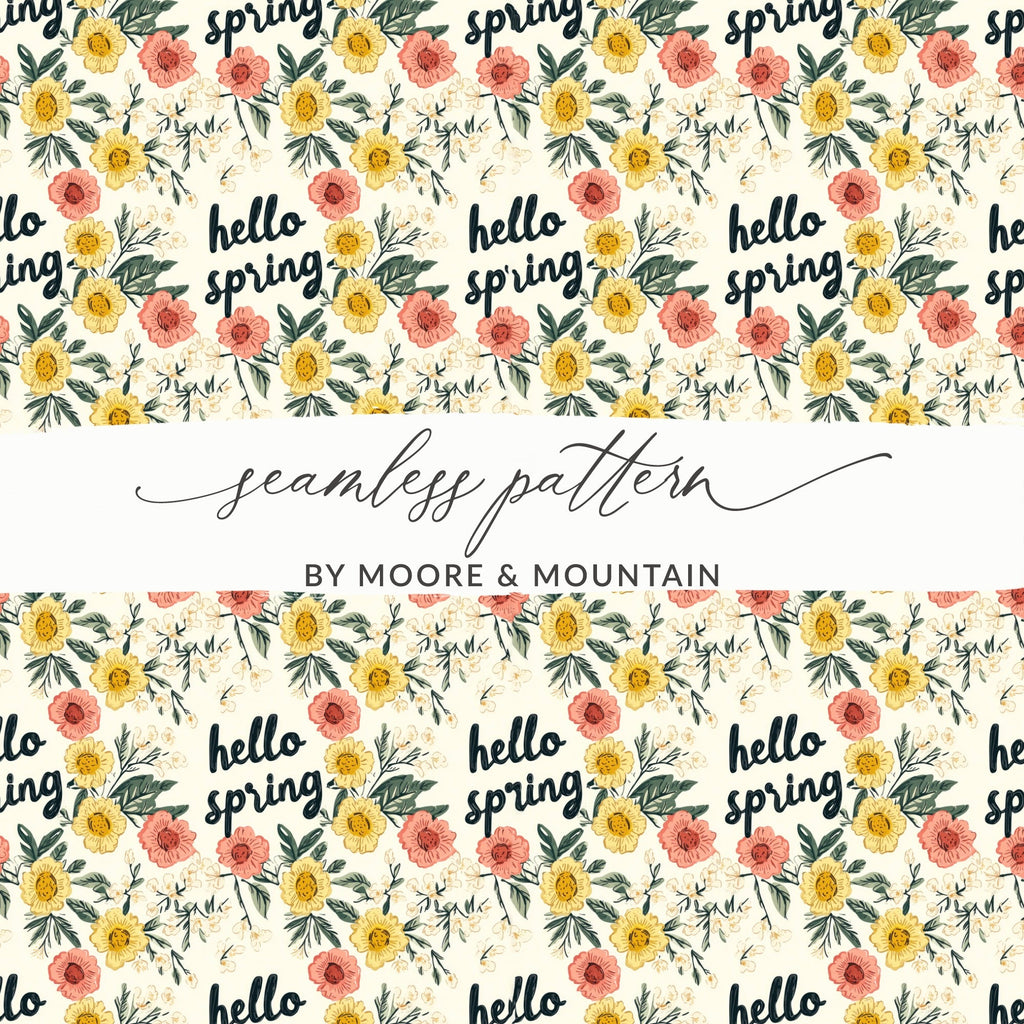 Hello Spring Floral Pattern Digital Paper, Seamless Flower Pattern, Springtime Design, Fabric Design, Digital Download - Moore and Mountain